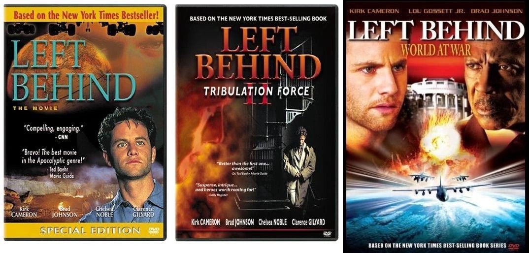 The covers of the three Left Behind films: Left Behind (airplane landing gear, a burning globe, a young clean-cut man in a blue shirt, and the quotes "Compelling, engaging" from CNN and "Bravo! The best movie in the Apocalyptic genre!" from Ted Boehr at Movie Guide); Tribulation  (flames in front of a dark staircase, the same young man in shadow in a trenchcoat, and the quotes "Better than the first one...awesome" from Ted Boehr again and "Suspense, intrigue...and heroes worth rooting for," from Daily Register); and World at War (the faces of the young man and another older man with a short moustache, the White House, and three military aircraft.)