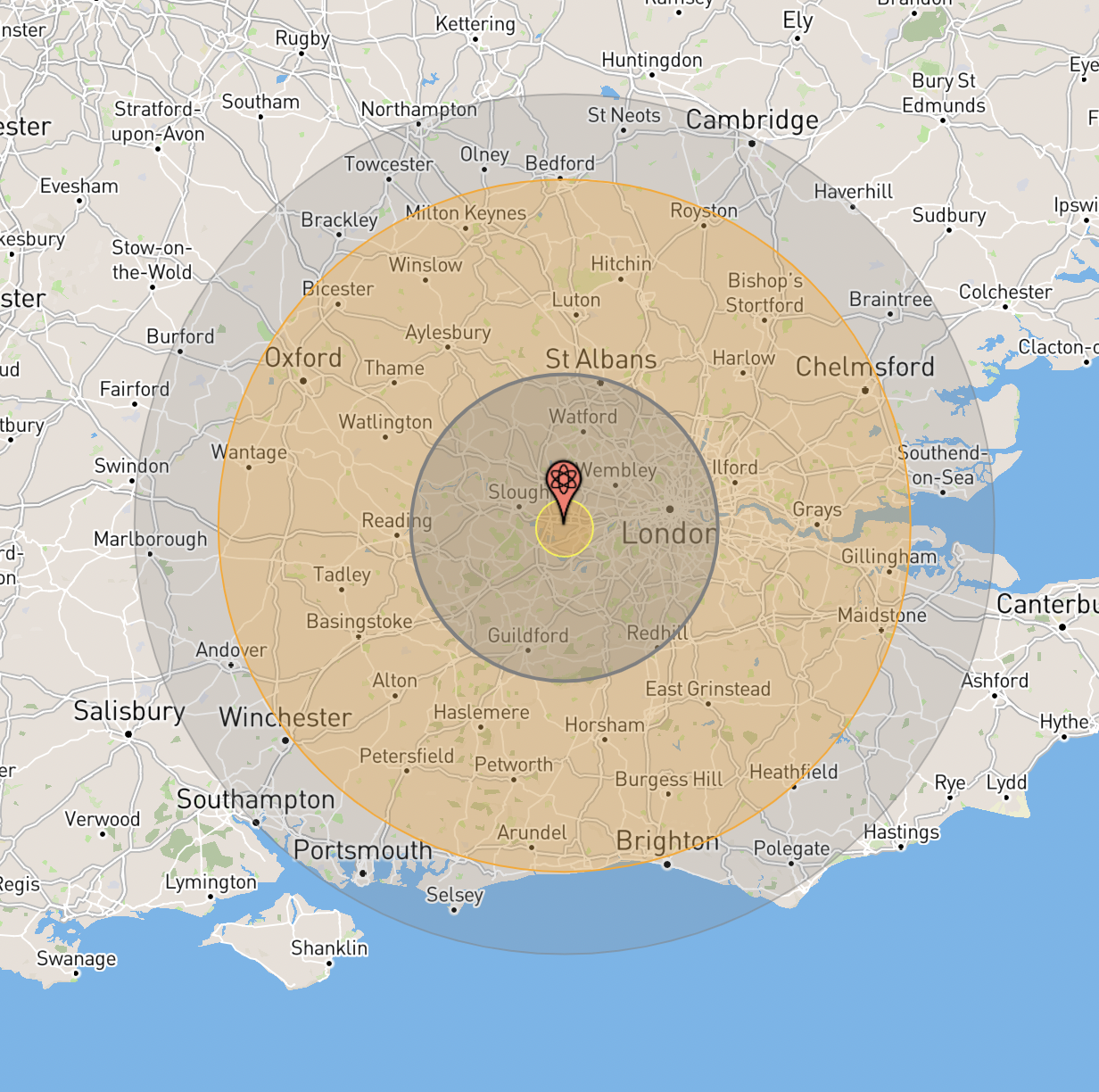 A map with concentric circles coming out from London.