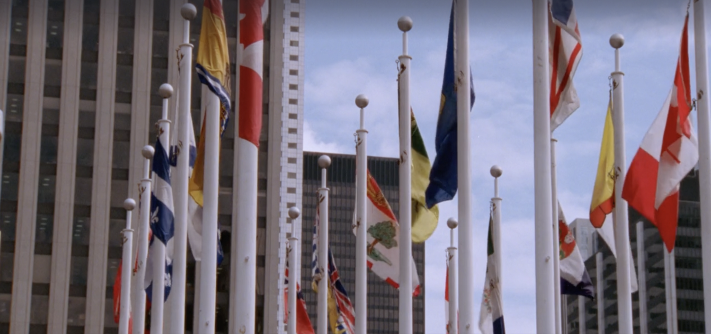 The Flags of Canada, an installation in downtown Ottawa, featuring a number of while flagpoles bearing Canadian flags and the flags of the provinces and the territories.