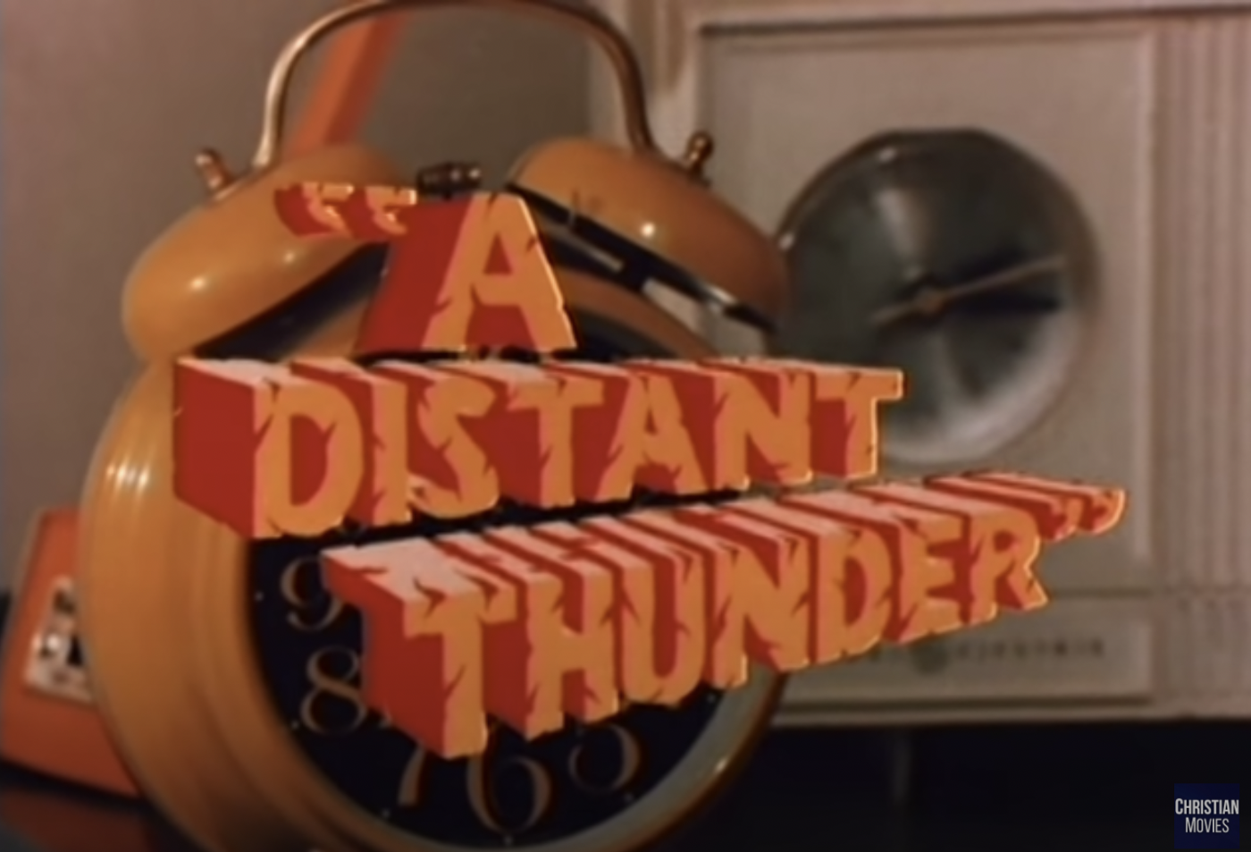 The title "A Distant Thunder" in an orange and red 3D rock-texture typeface over an analog alarm clock.