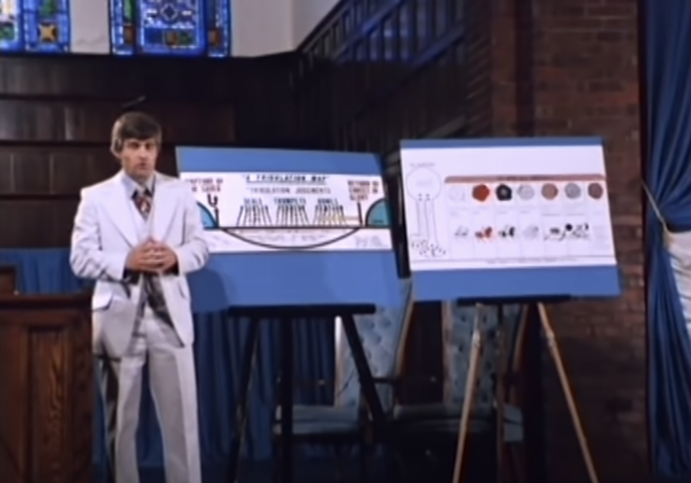 The eveangelist in a light grey suit in front of some fairly spare diagrams mounted on easels in the church.