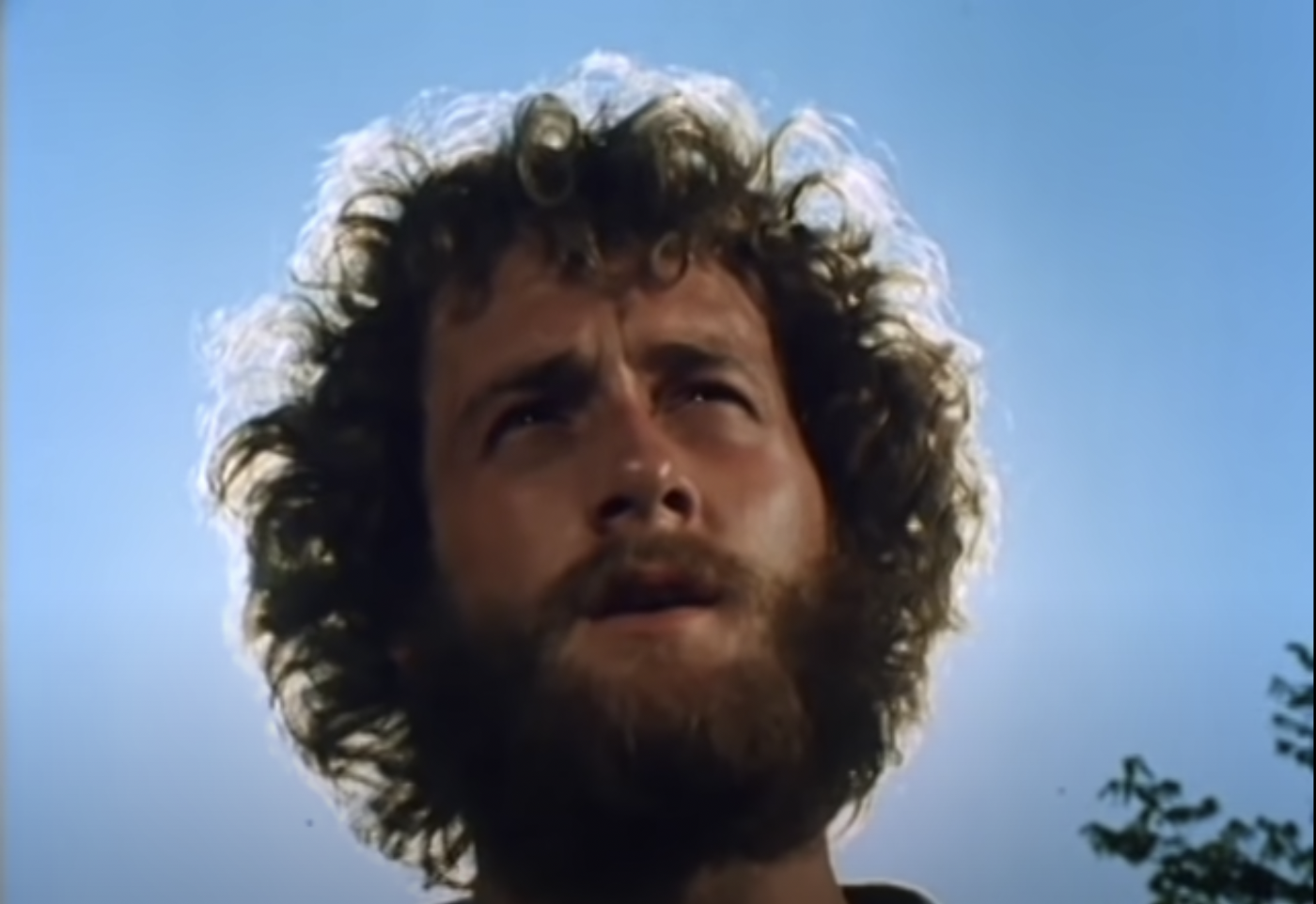 A young man with a beard and curly hair that is backlit by the sun like a halo squinting up into the distance.