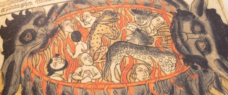 Monsters facing each other, whose mouths are open wide and combine to form a circular pit full of flames and naked people being attacked by other monsters.