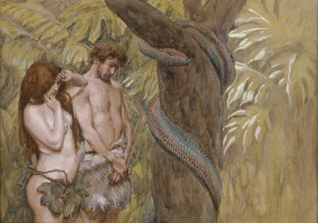 Painting of Adam and Eve in a tropical jungle. Eve has bare breasts and leaves around her waist whereas Adam has what looks like the fur of an animal. Adam has nicely trimmed curly brown hair and a short beard and Eve has brown hair to her waist. The serpent is coiled around a tree in the foreground.