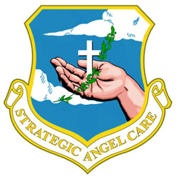 Emblem of Strategic Angel Care: a shield with the text "Strategic Angel Care" below it; a hand, palm up, with a scar on the wrist, holding a white cross and an olive branch; a background of a blue sky with clouds.