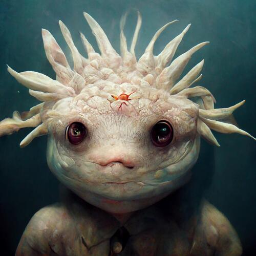 Creature with the head of an axolotl and the body of a man, in a lake, not on fire (yet).