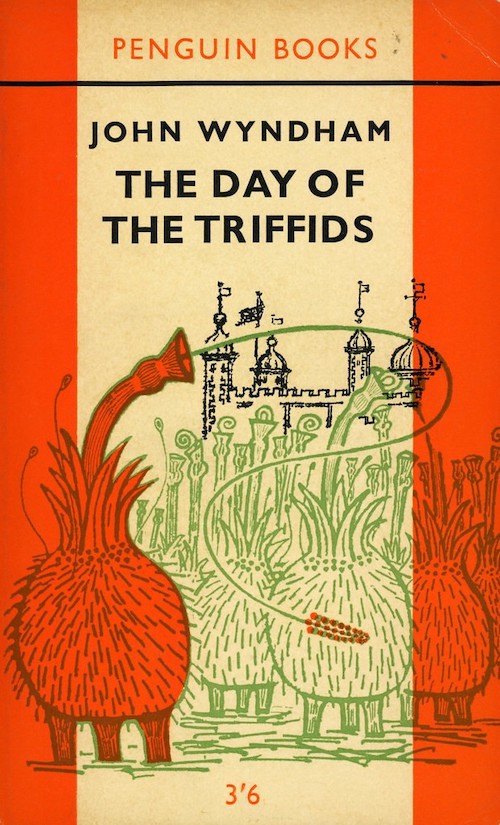 Cover of the book "The Day of the Triffids" by John Wyndham, featuring hairy plant beasts in front of a vaguely Russian-looking castle.