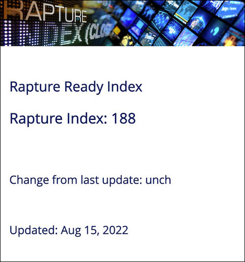 Rapture Index for August 15, 2022. Index: 188. Change from last update: "unch".