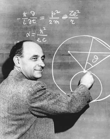 Enrico Fermi drawing on a chalkboard.