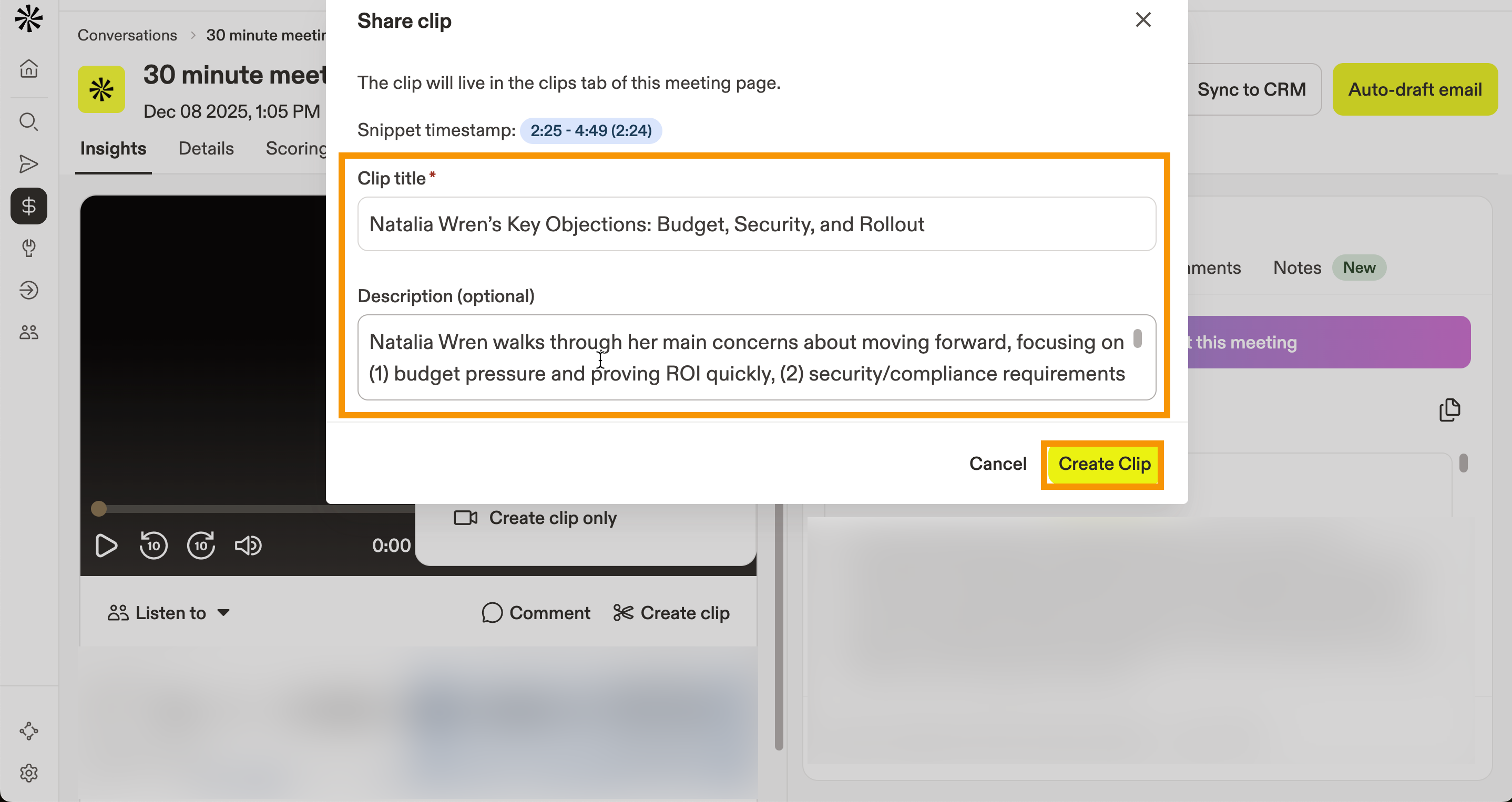 Enter clip title, description, then click Create clip