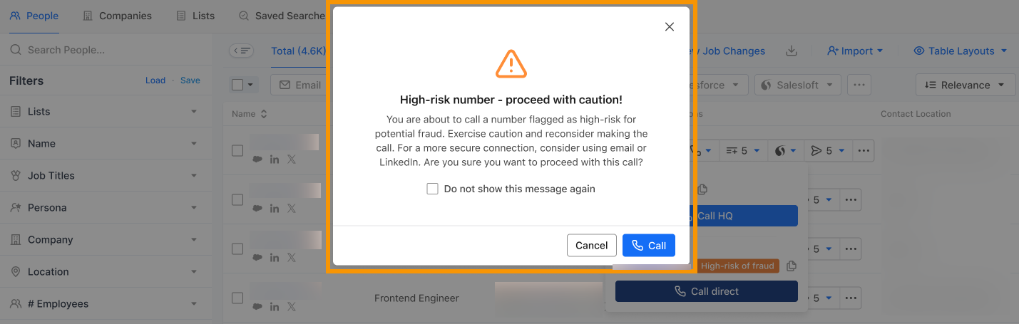 High-risk badge in direct dial modal