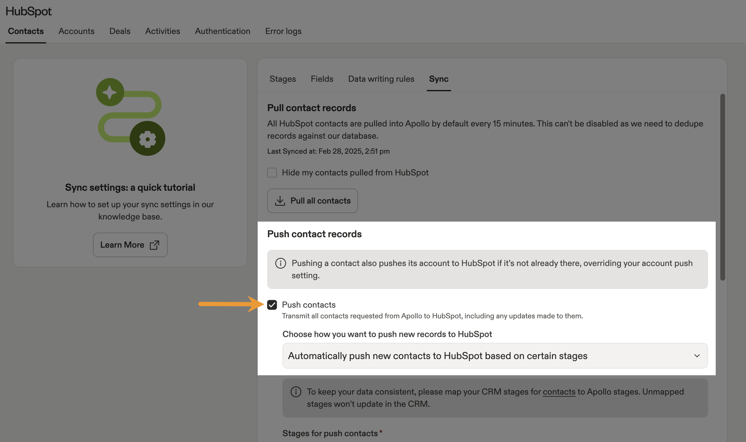Push contacts option enabled for HubSpot contacts sync