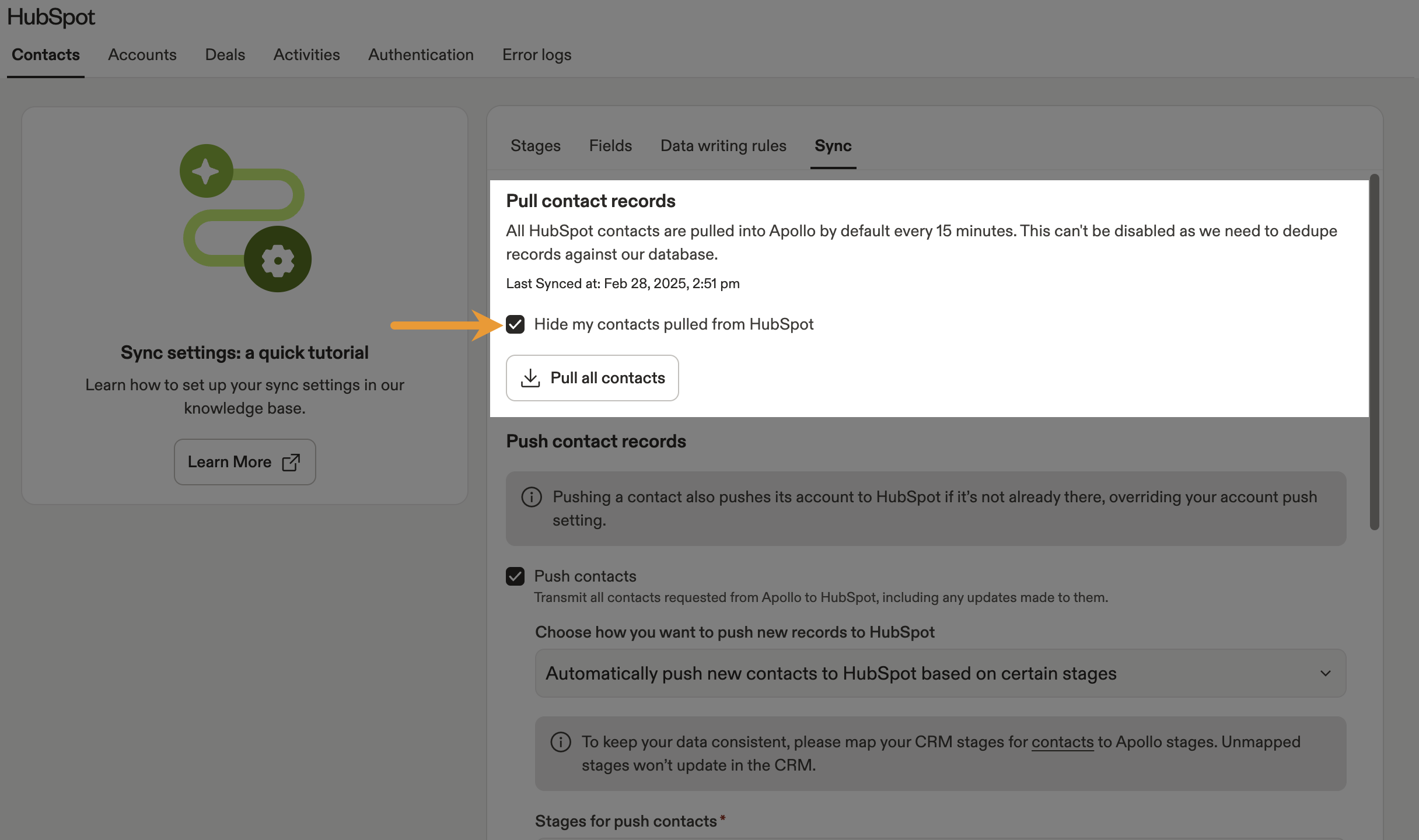 Hide pulled contacts option enabled for contacts sync