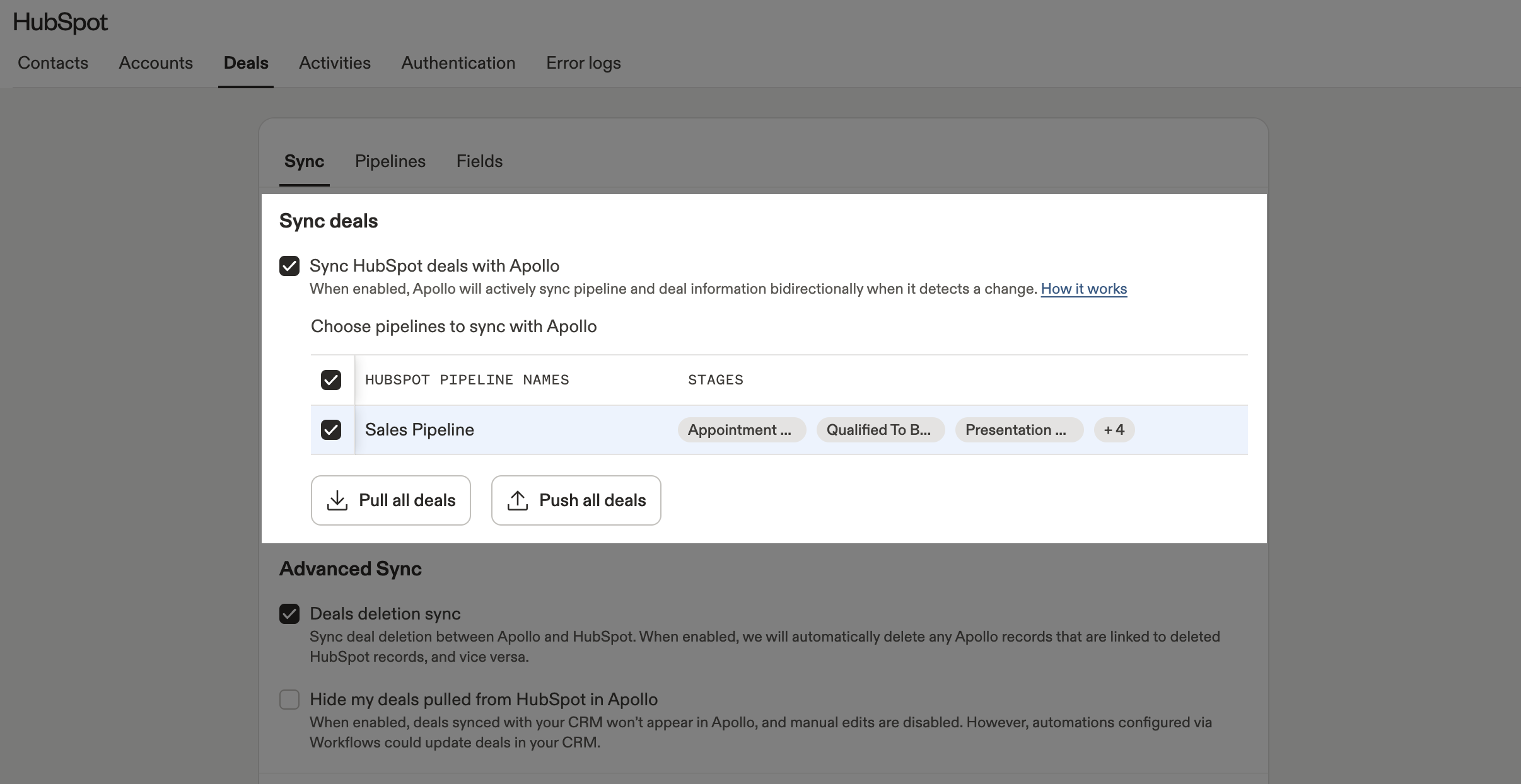 Sync deals options highlighted for pull deals sync