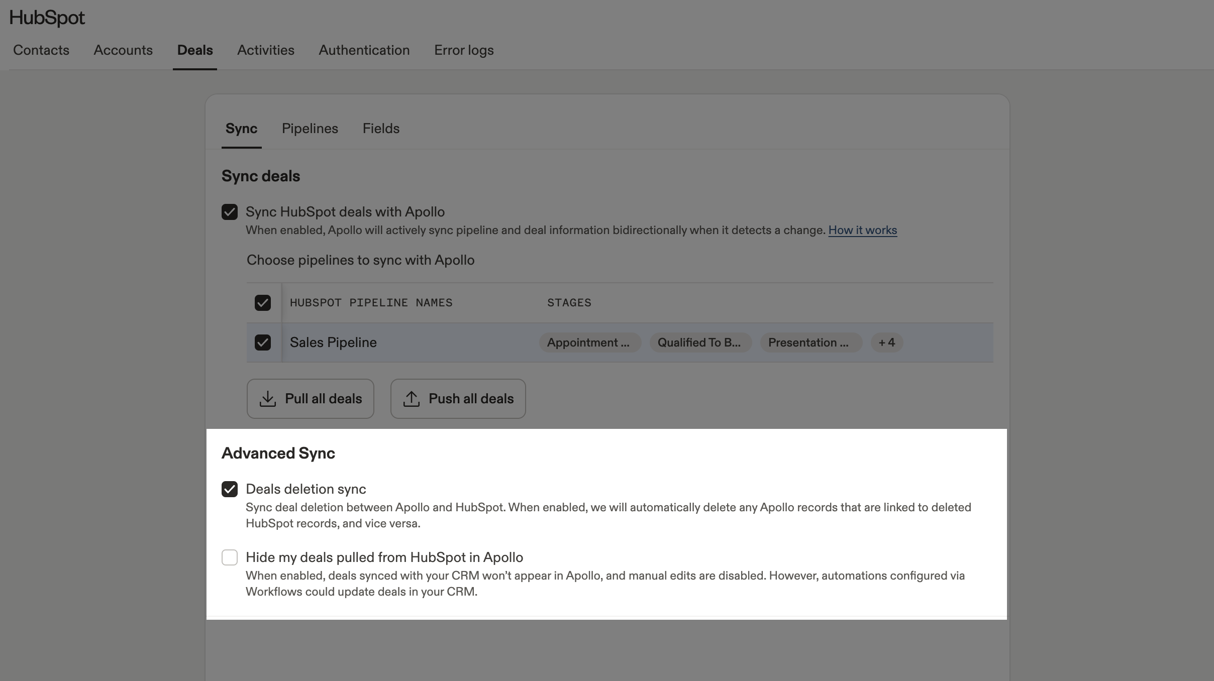 Advanced sync options highlighted for deals pull sync