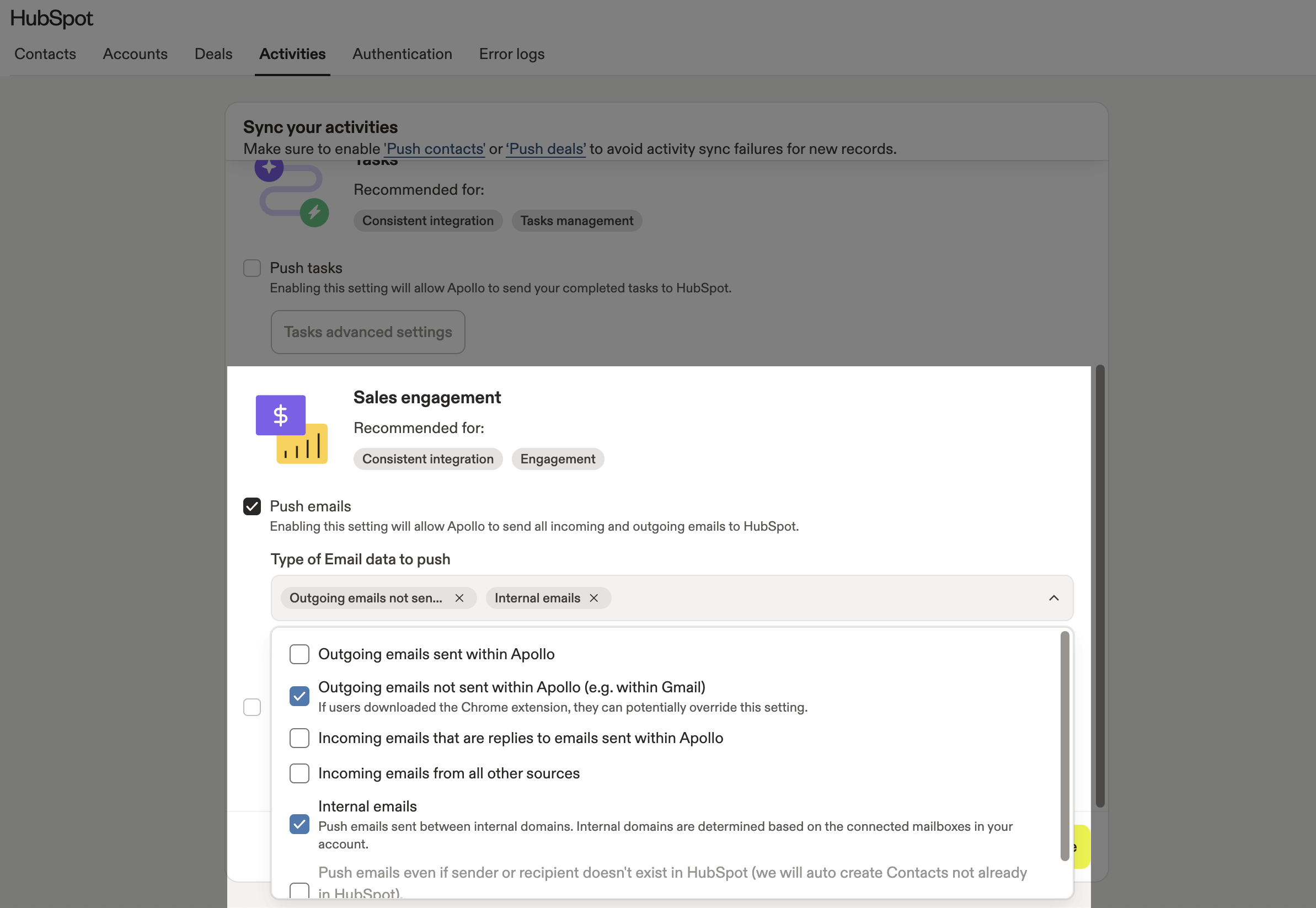 Push emails options field highlighted for activities sync