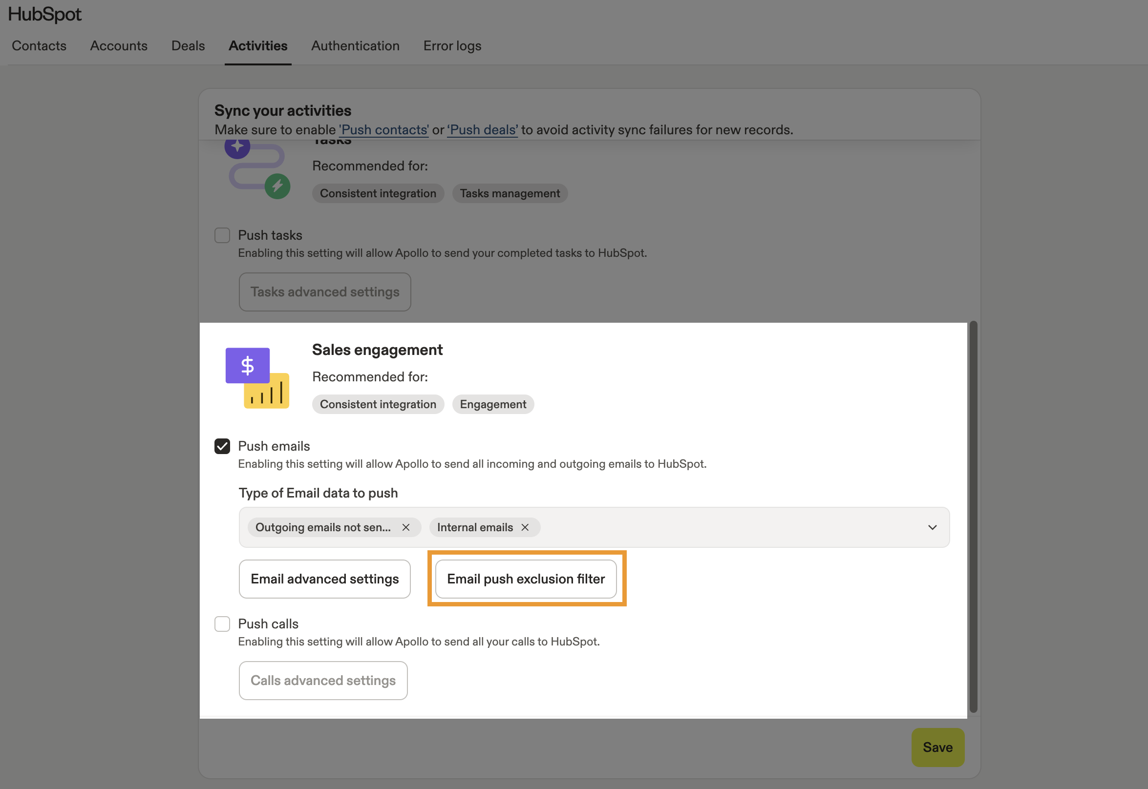 Email push exclusion filter button highlighted for activities sync