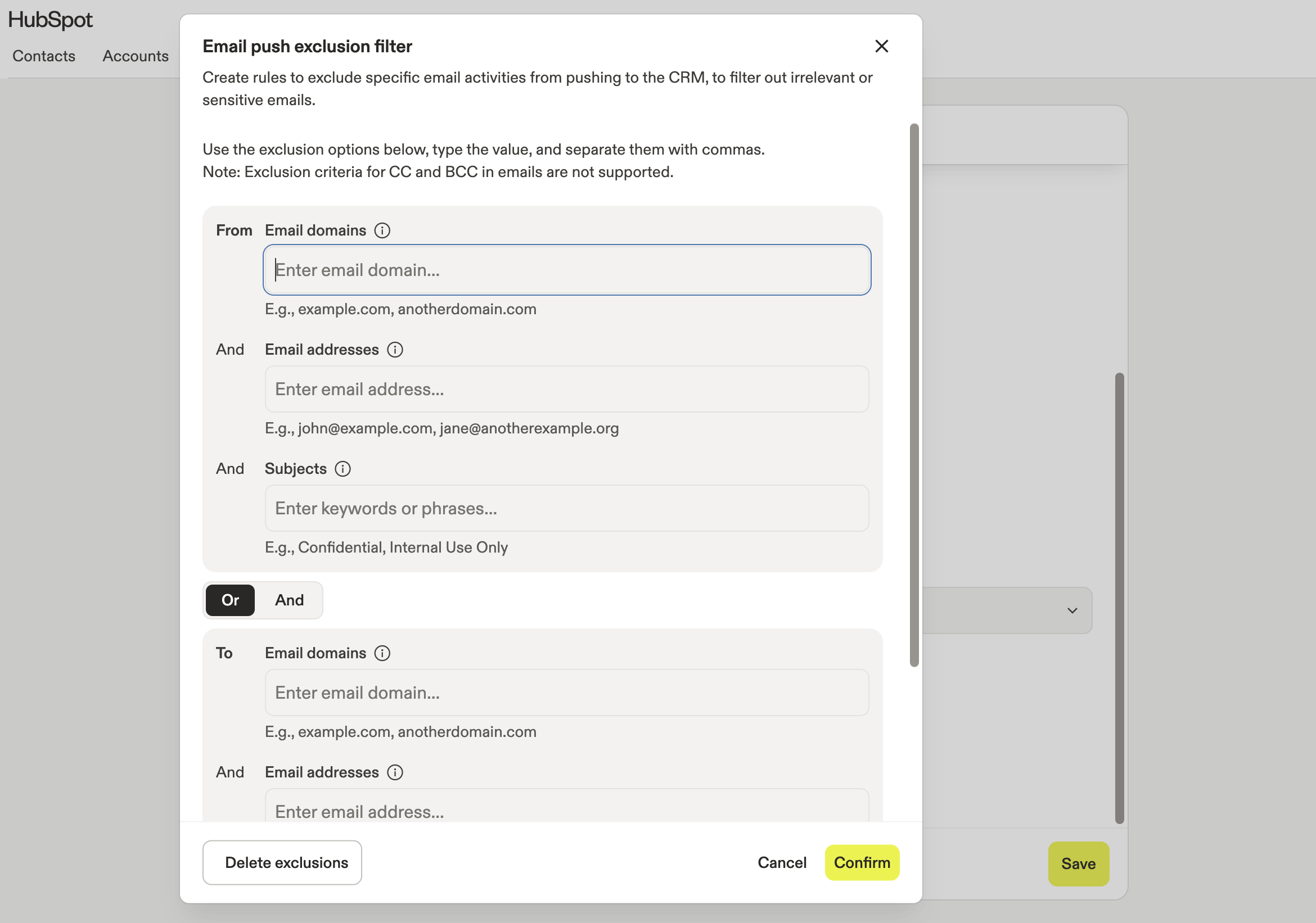Email push exclusion filter options setup
