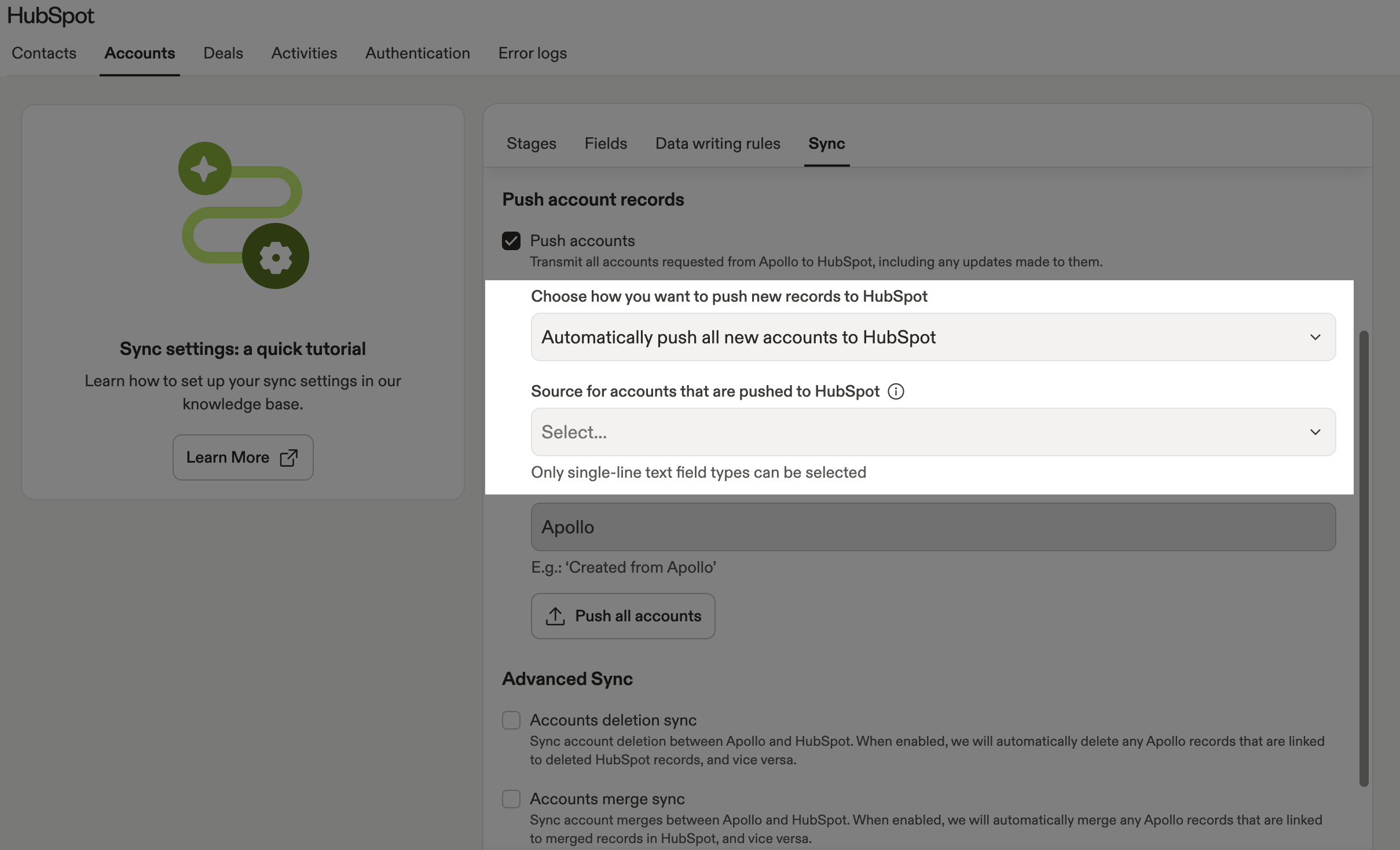 Source options field highlighted for accounts sync
