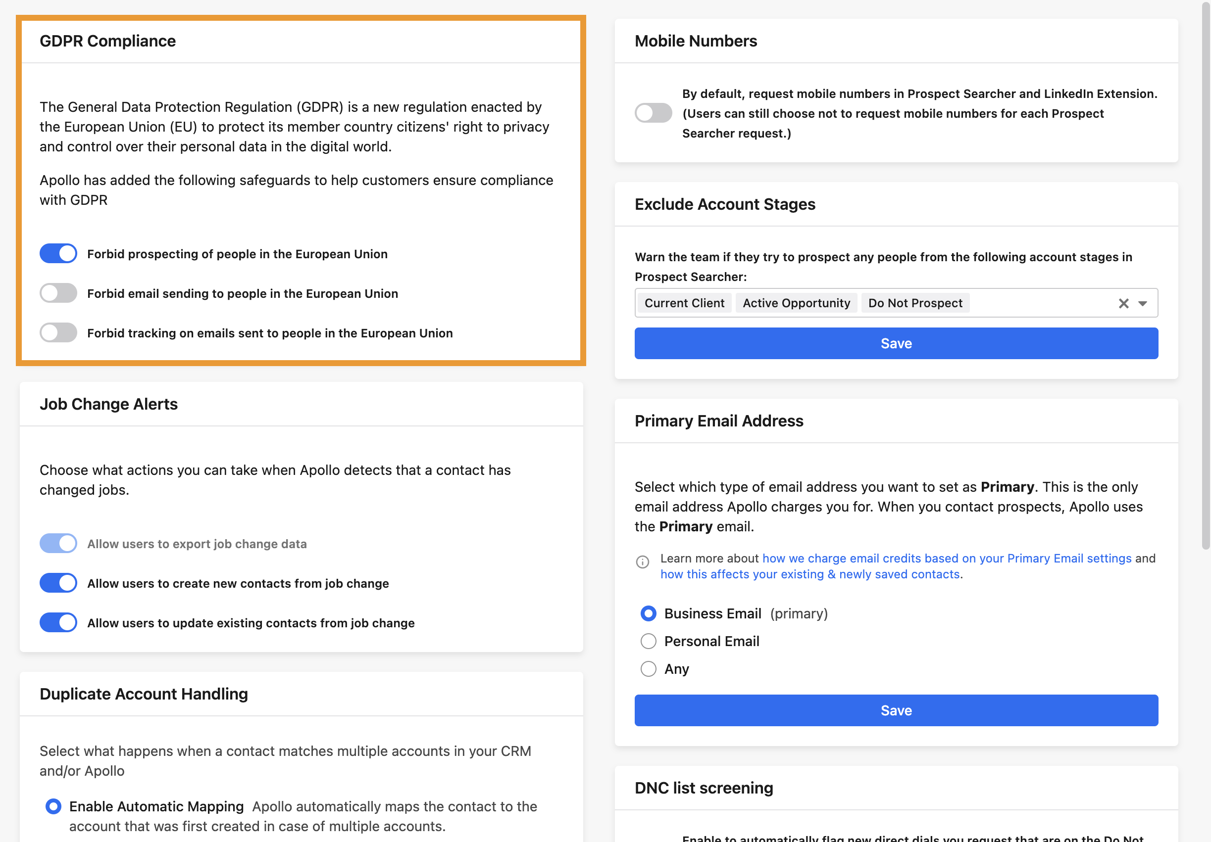GDPR compliance settings highlighted for prospect configuration