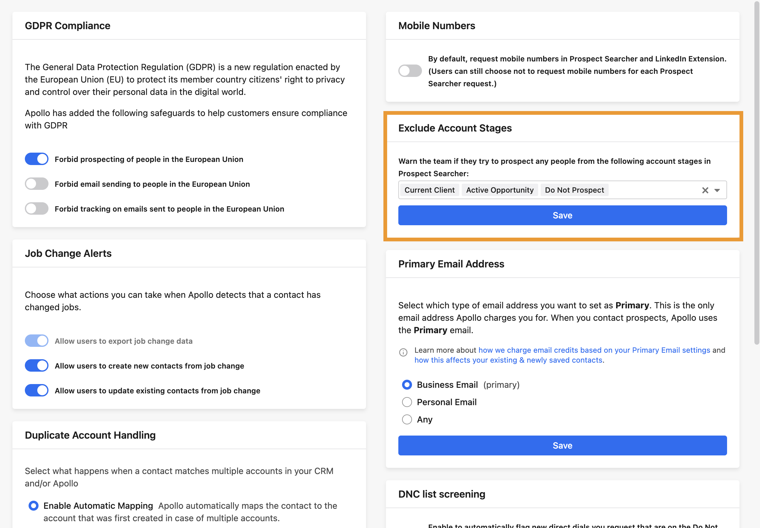 Exclude account stages setting highlighted