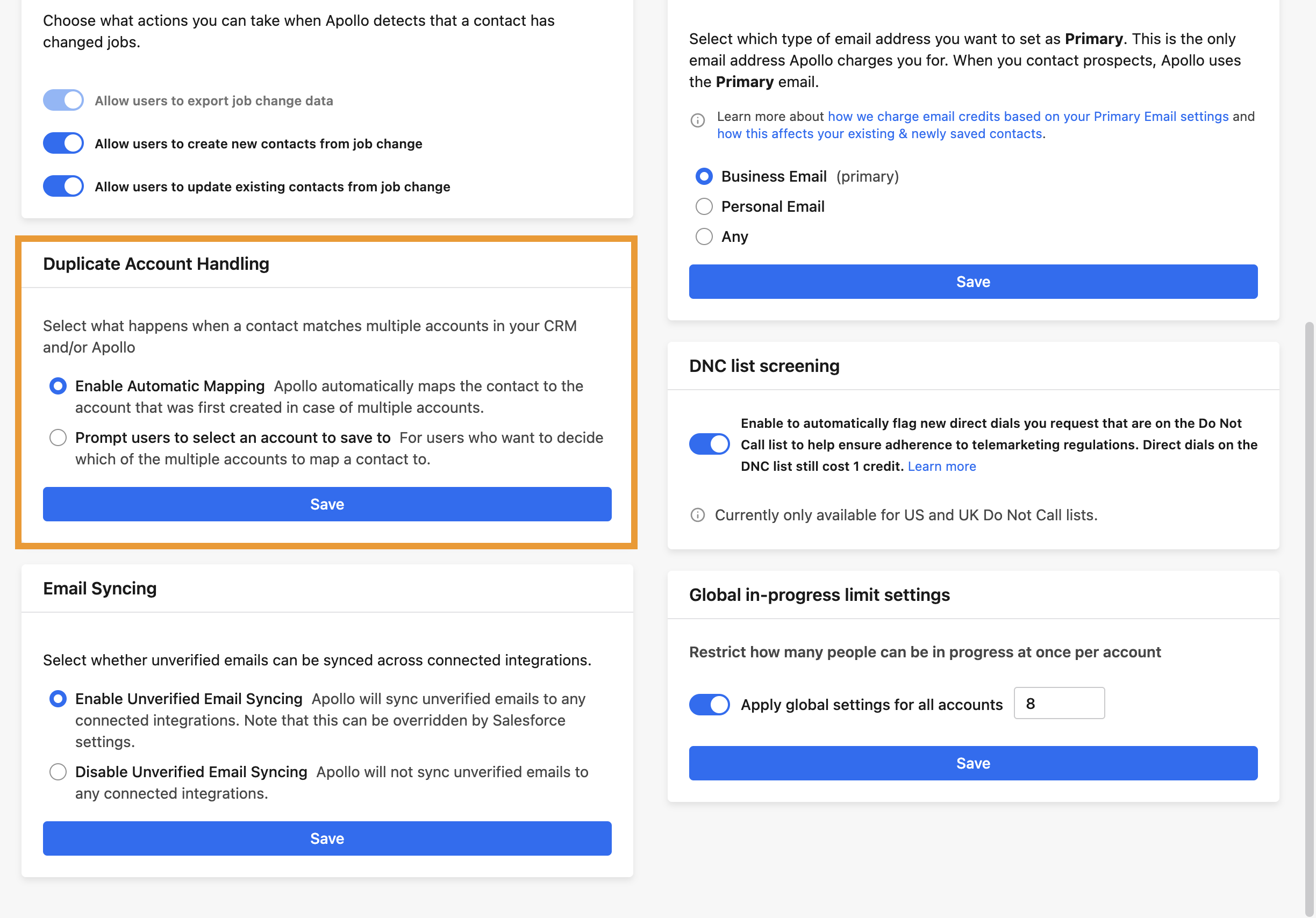 Duplicate account handling settings highlighted
