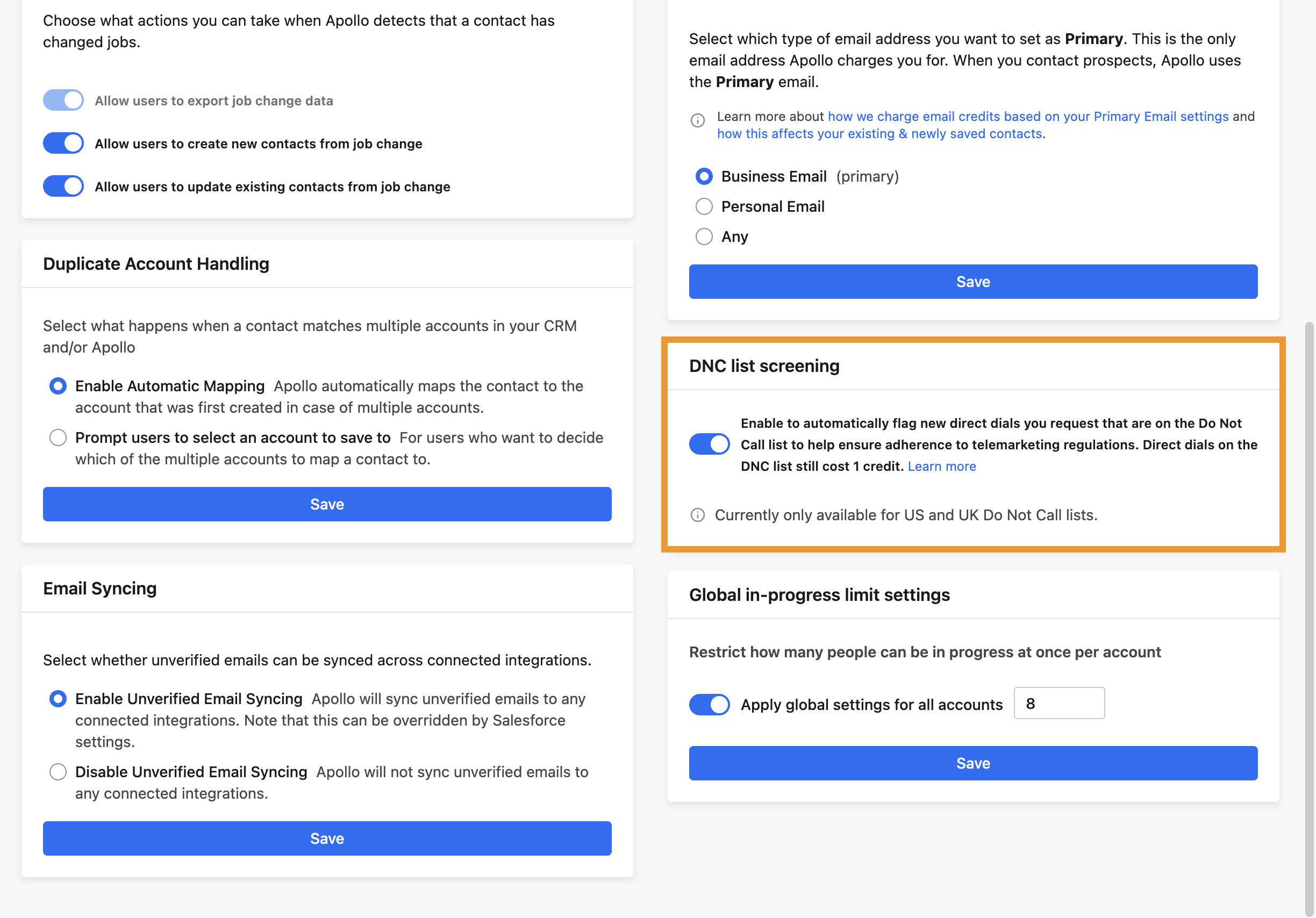 DNC list screening settings highlighted