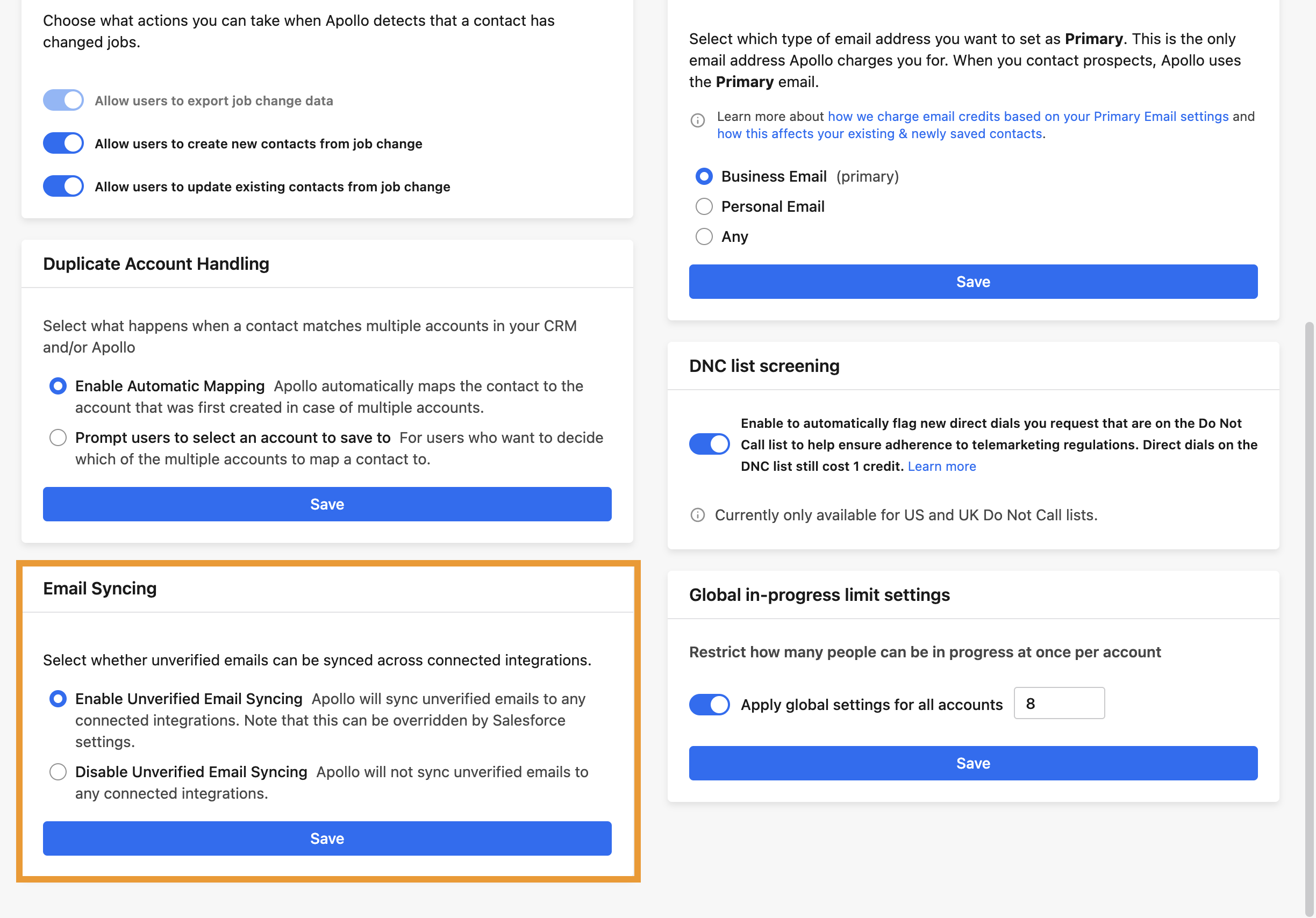 Email syncing settings highlighted