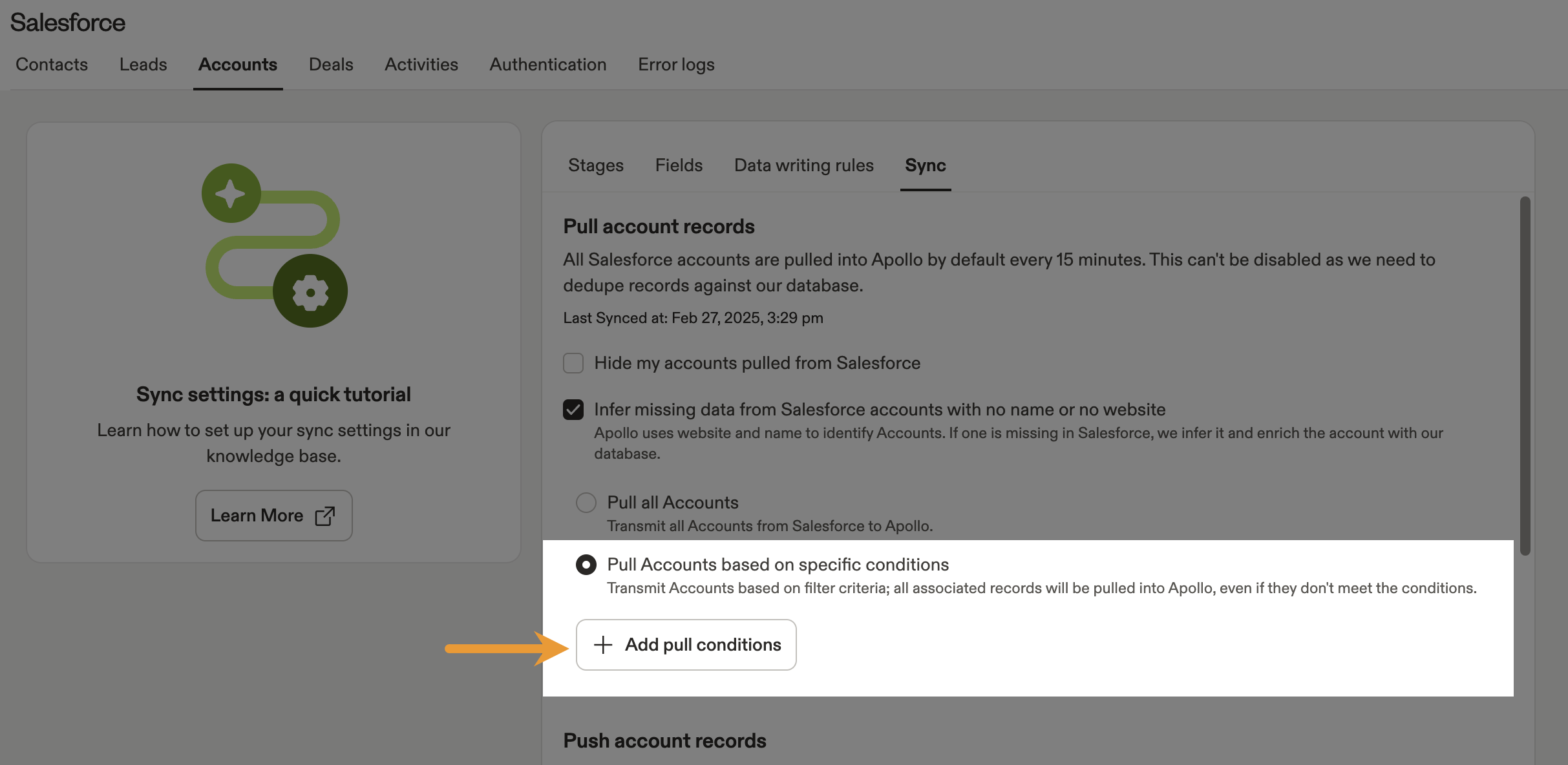 Selective pull conditions enabled for Salesforce accounts sync