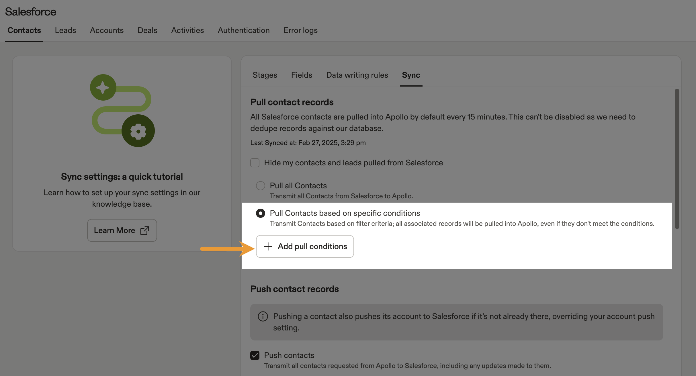 Pull contacts based on conditions enabled with Add pull contacts button highlighted on contacts sync page