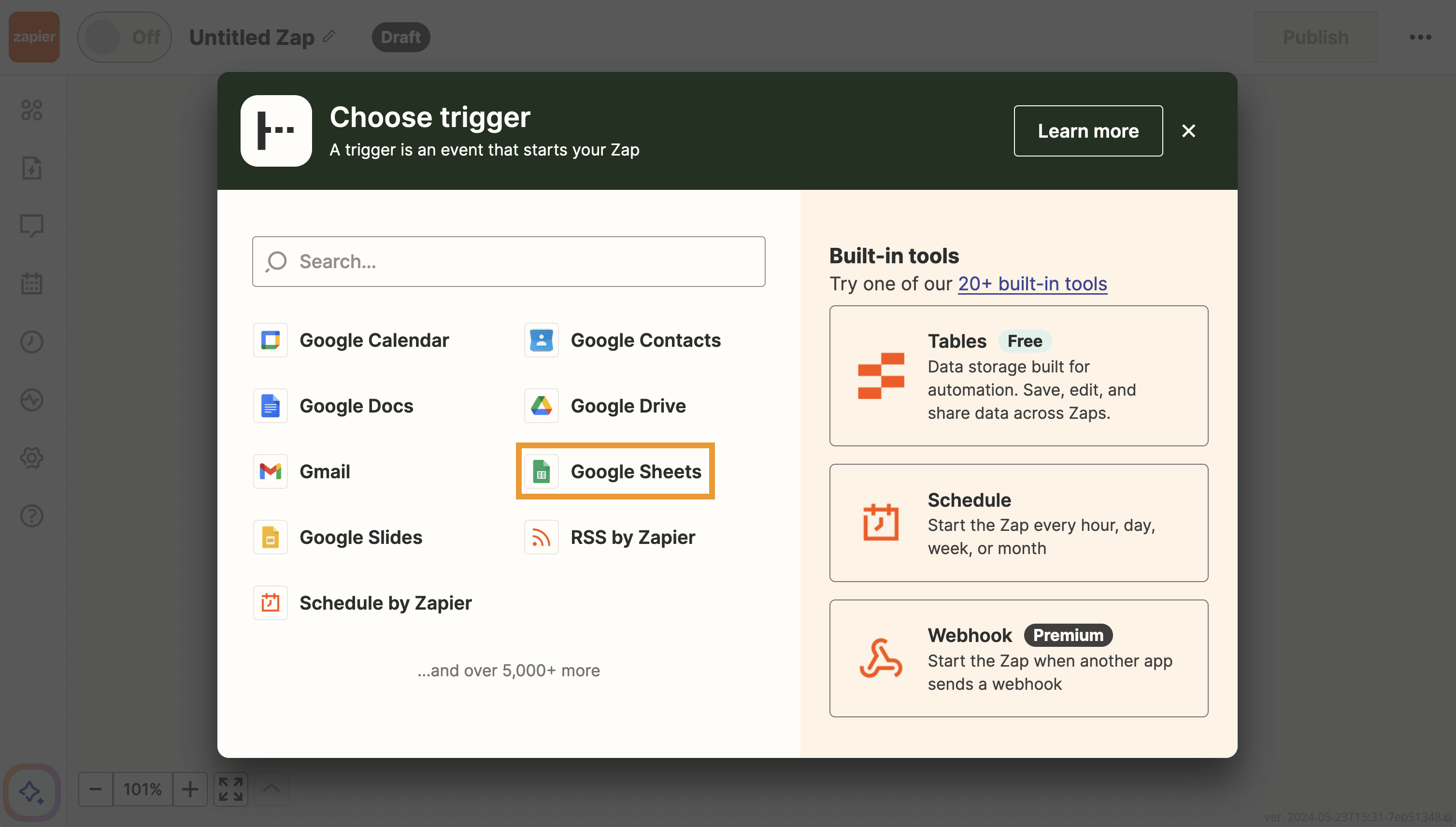 An example app is selected for a trigger - Google Sheets