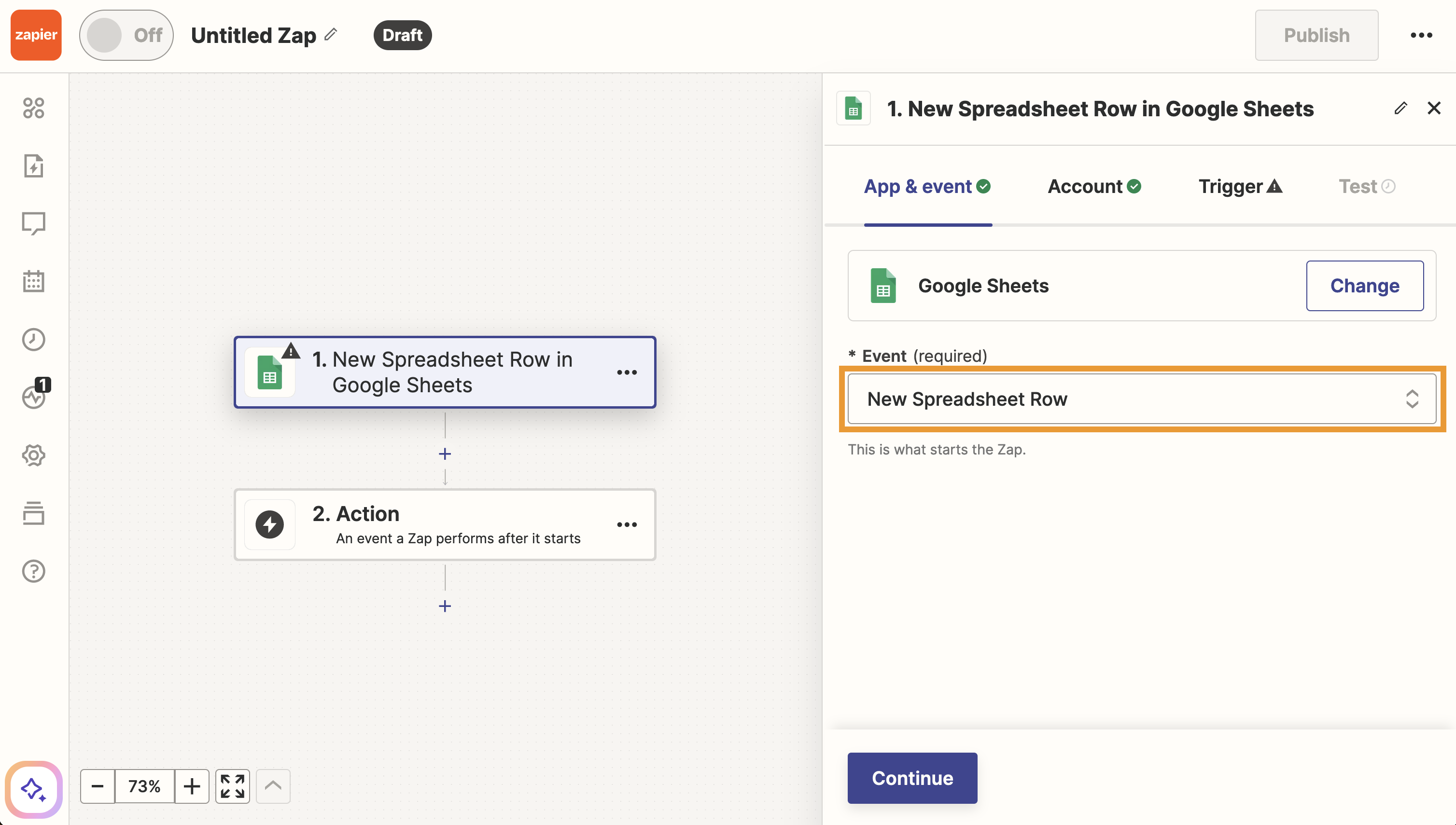 An example event is selected on Google Sheets - a new row