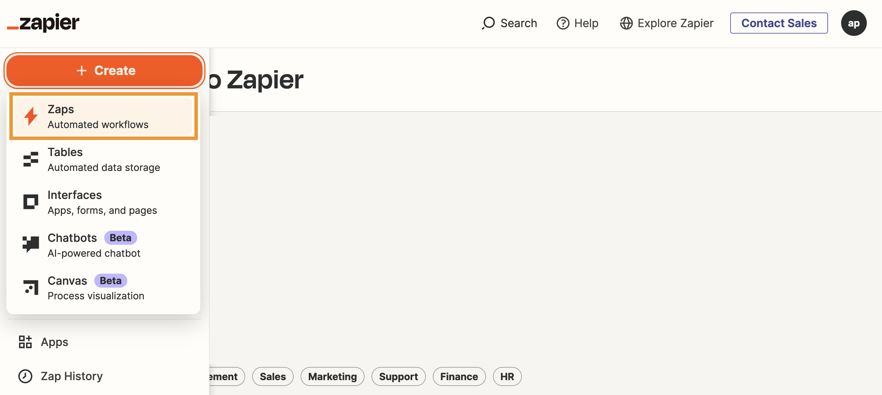The Create Zaps button is highlighted on Zapier