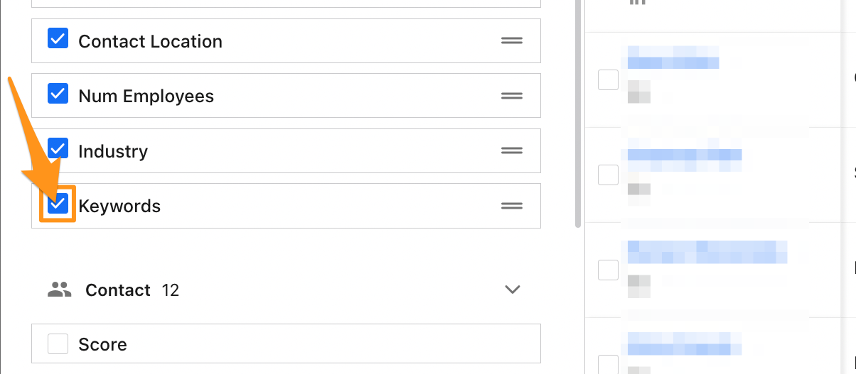 Checkboxes next to columns in editing table layout modal