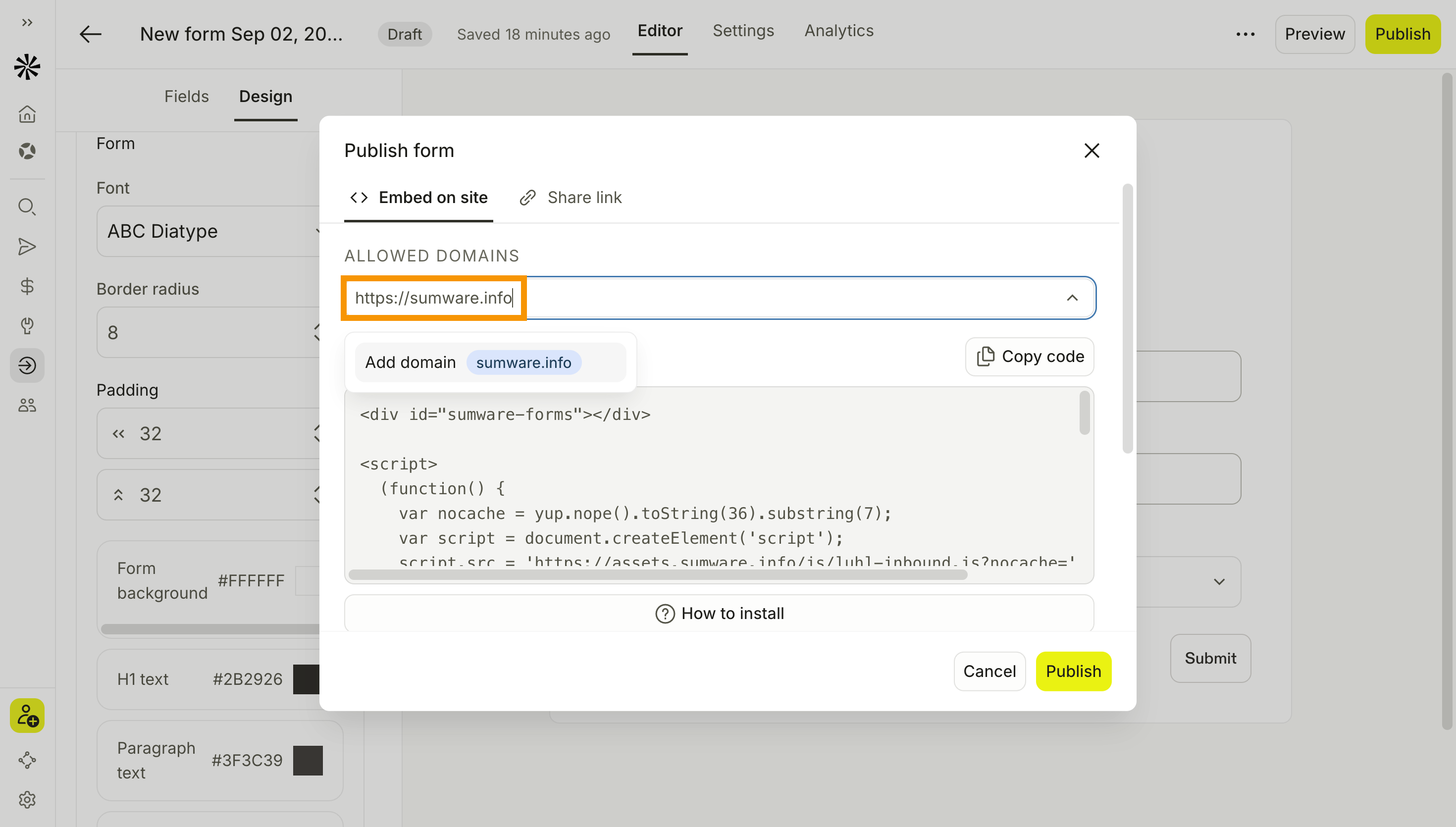 Enter the website domain, then click Add domain