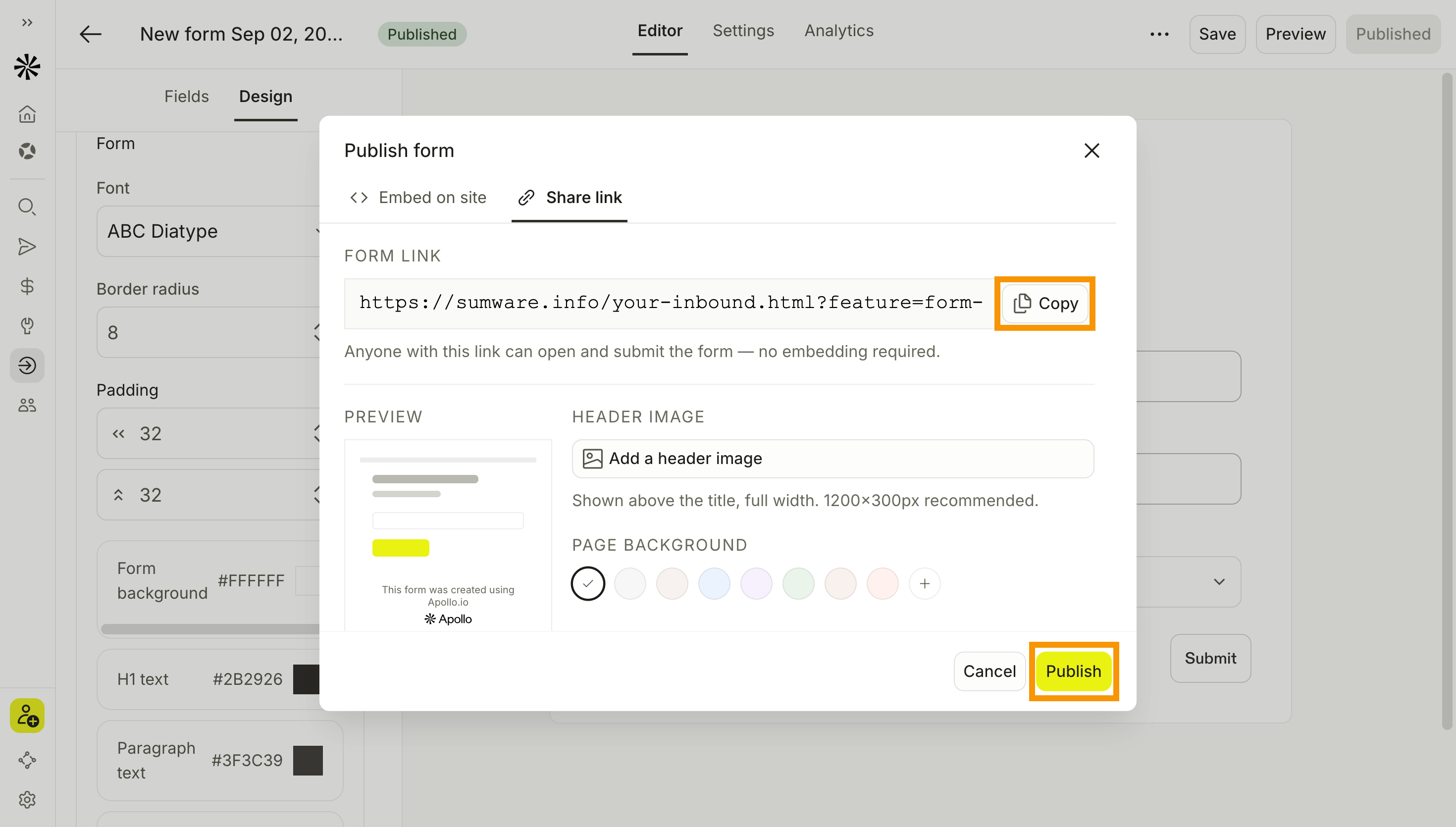 Share link tab with the Publish and Copy options