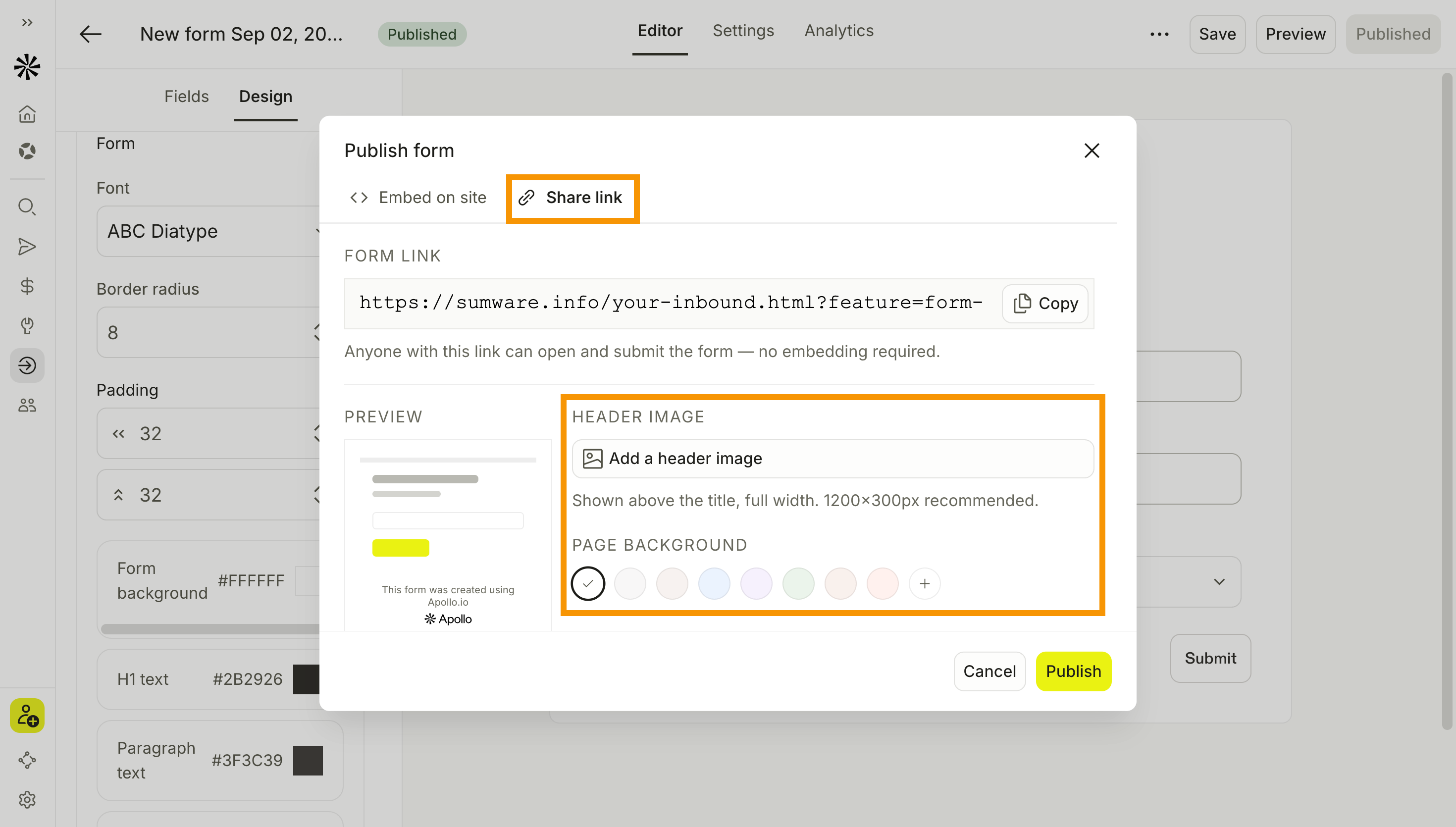Share link tab with header image and page background customization options