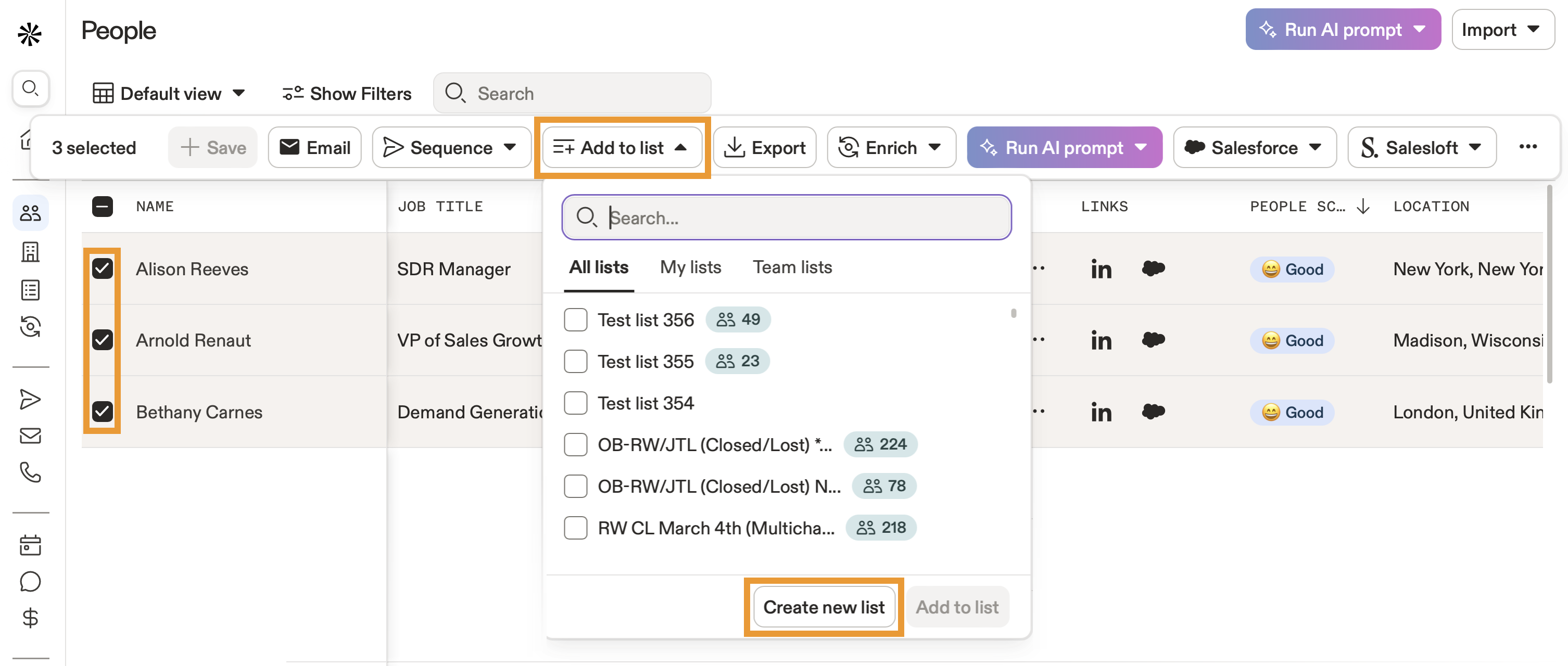 An example people ssearch shows 3 people checked