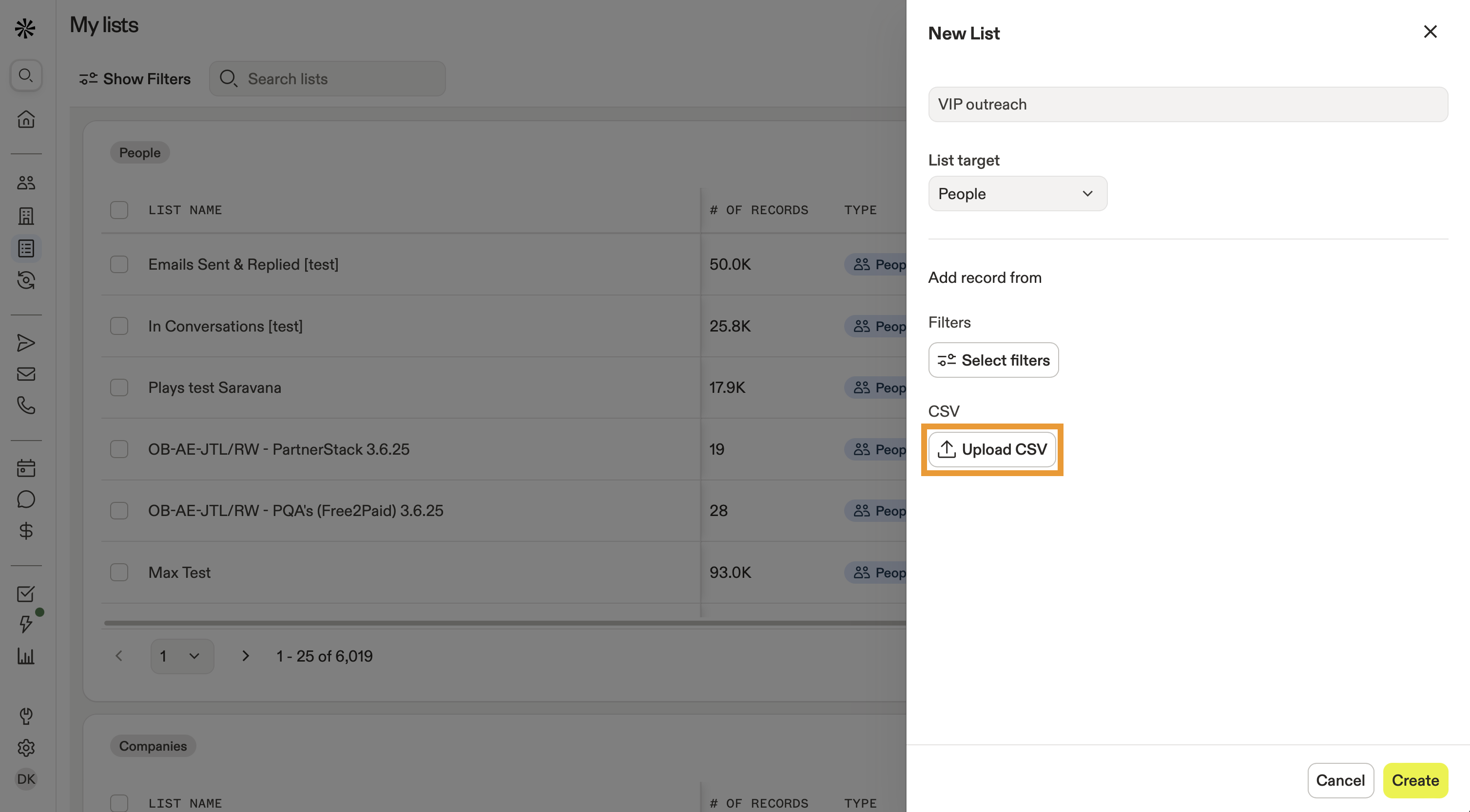 The upload CSV button highlighted