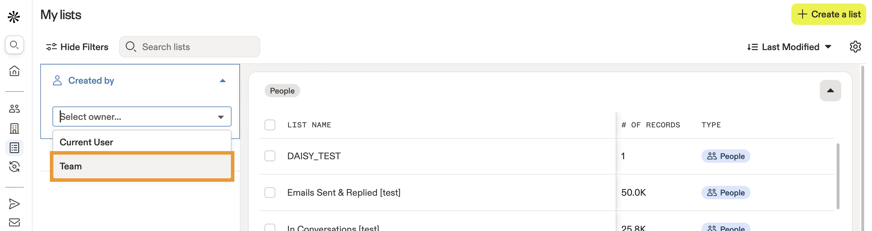 Example people lists created by team
