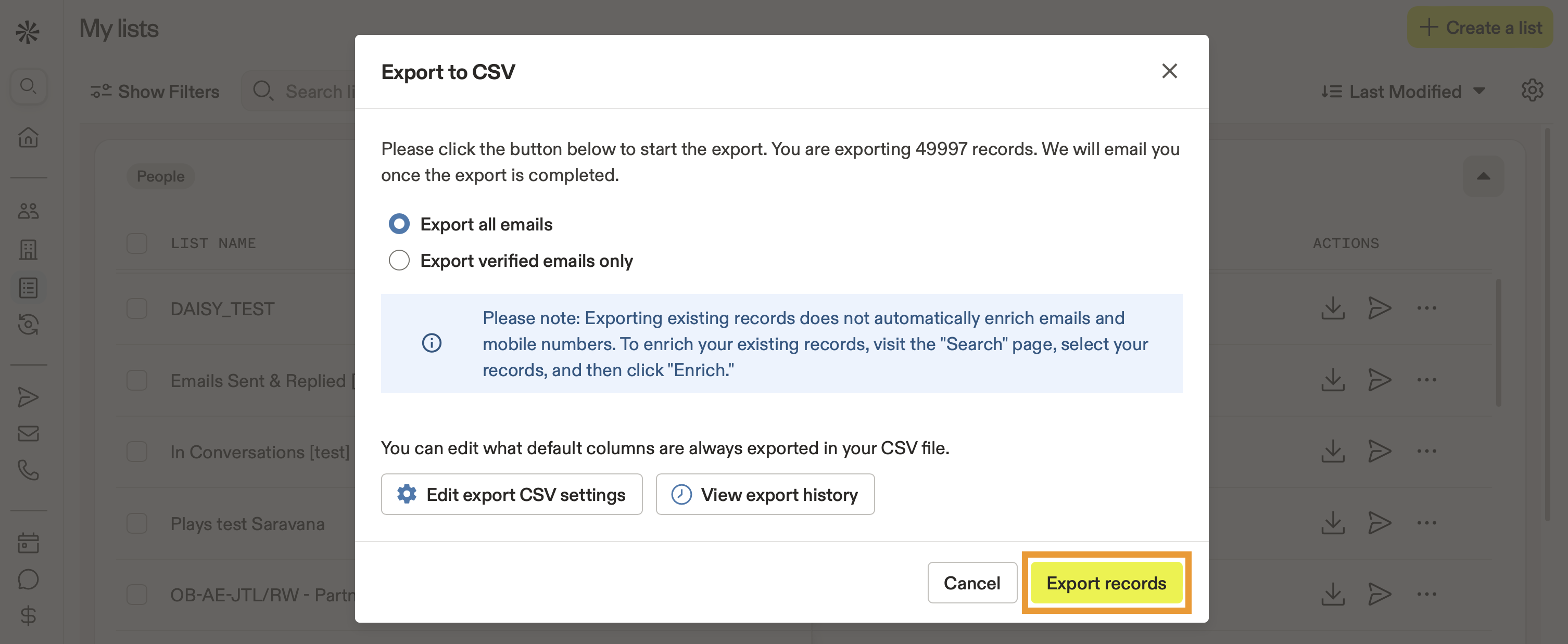 Export records button is highlighted