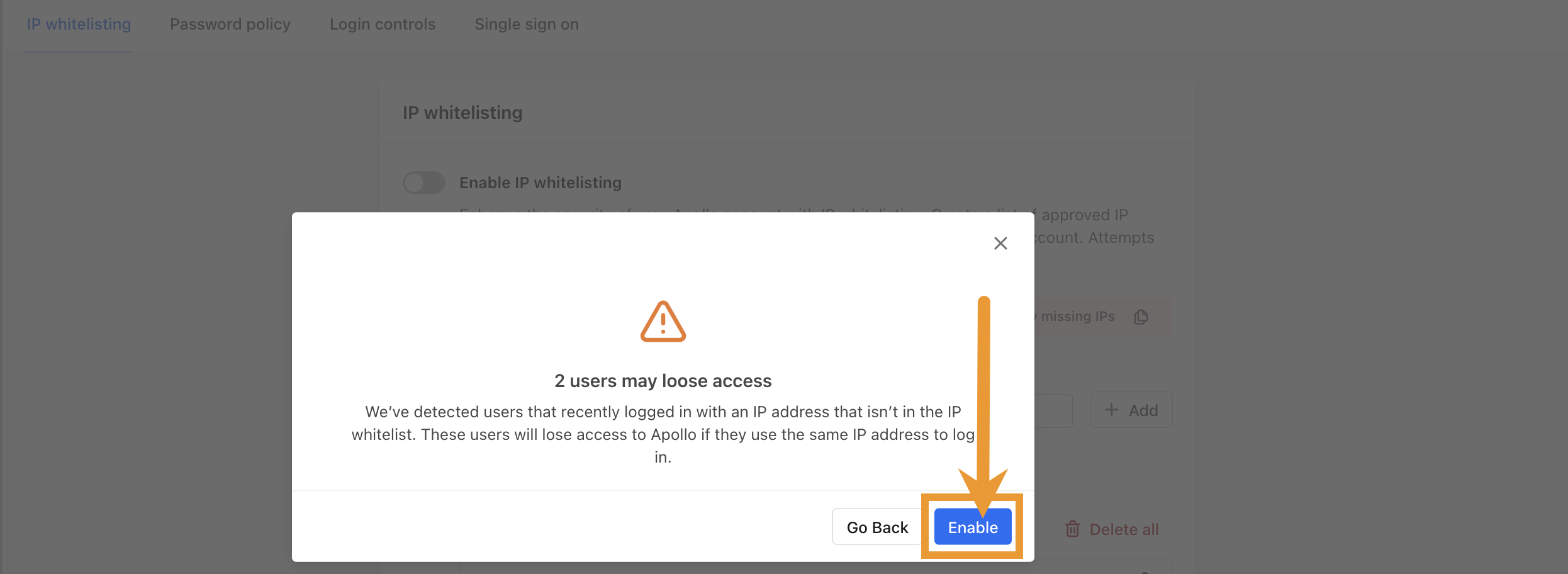 Enable button in warning pop-up