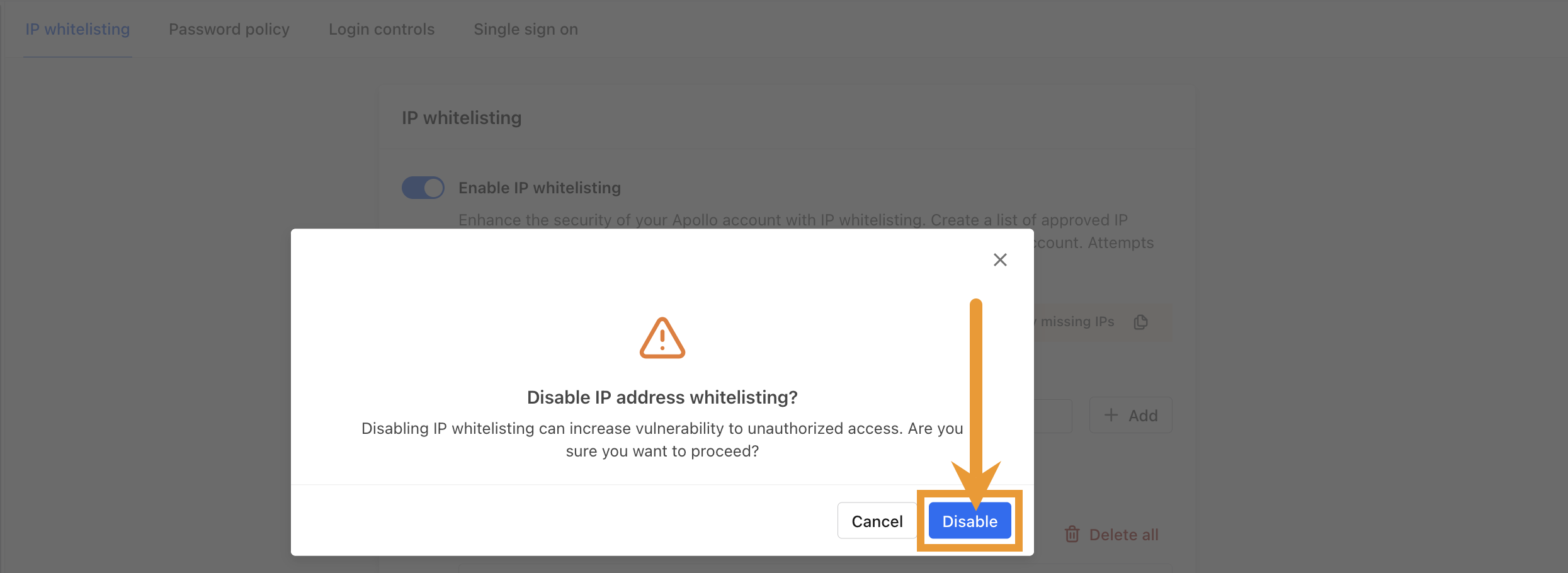 Disable button in warning modal
