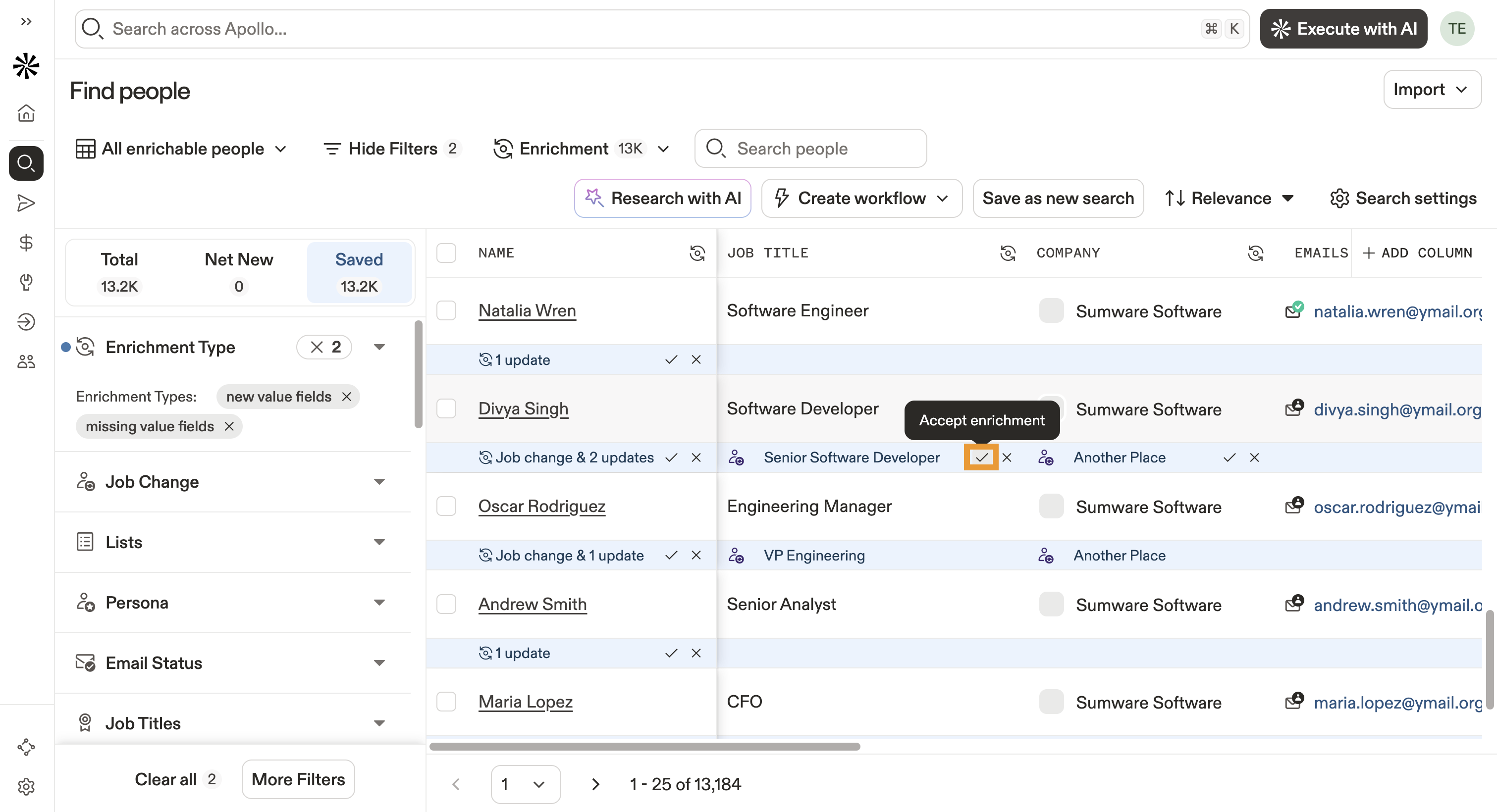 Accept enrichment option highlighted on hover for the job title field