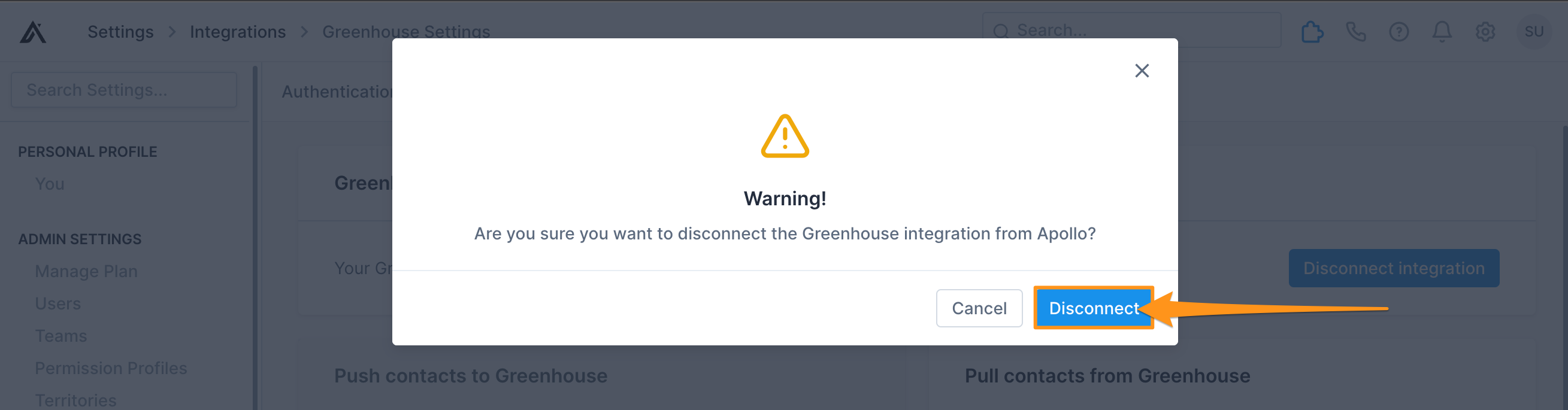 Disconnect button in warning modal