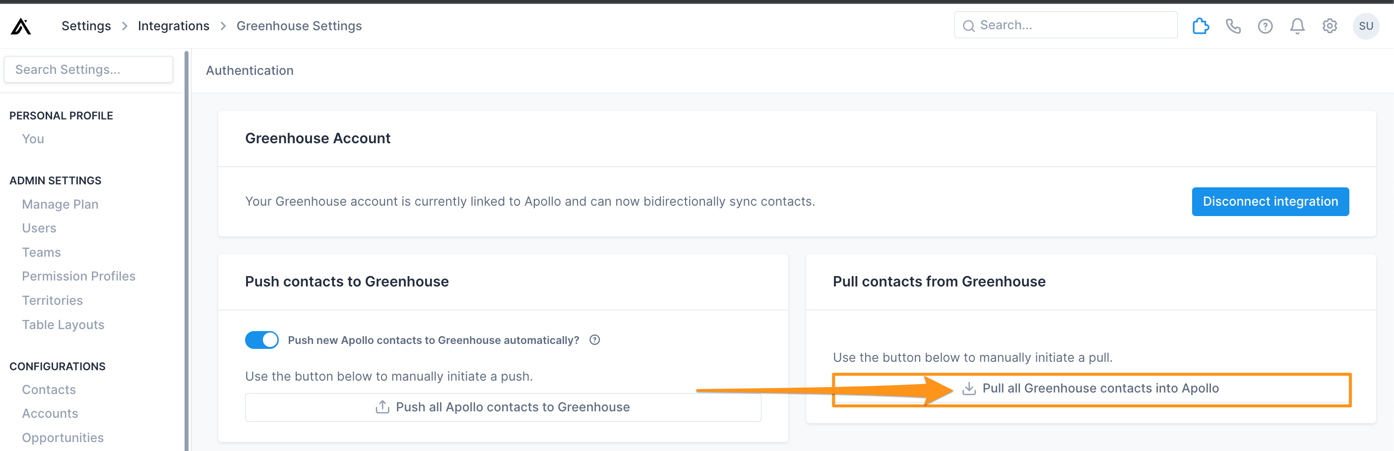 Pull all Greenhouse contacts in Apollo button in Apollo settings