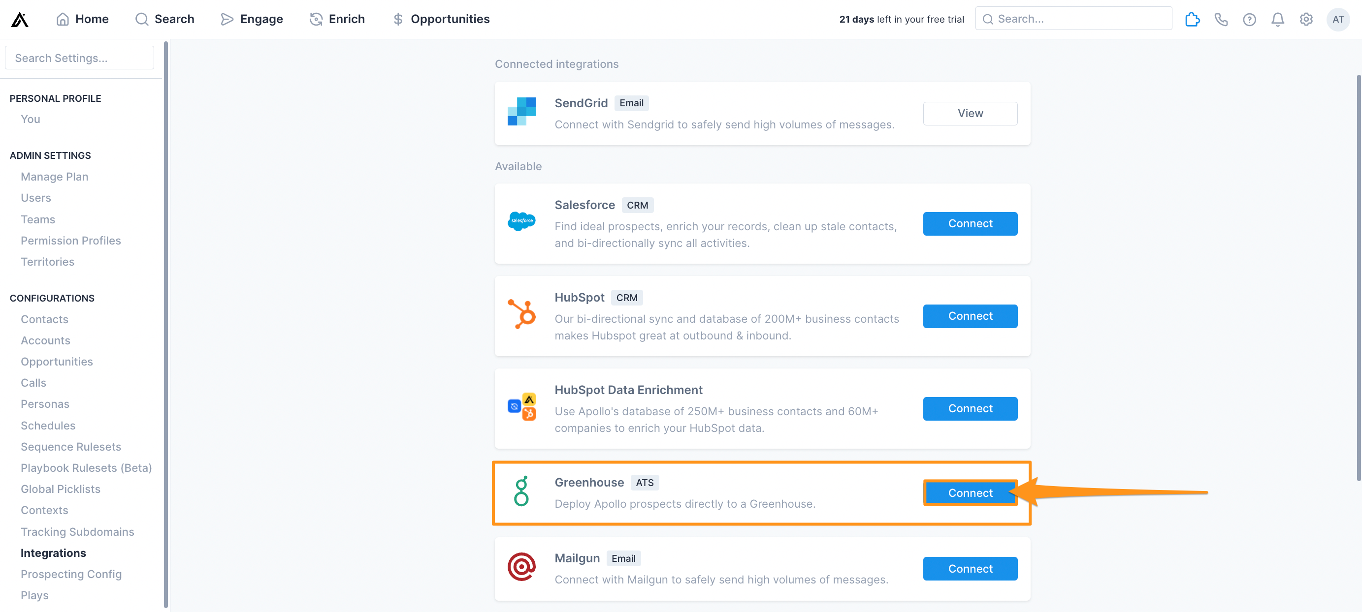Greenhouse connect button on integrations page