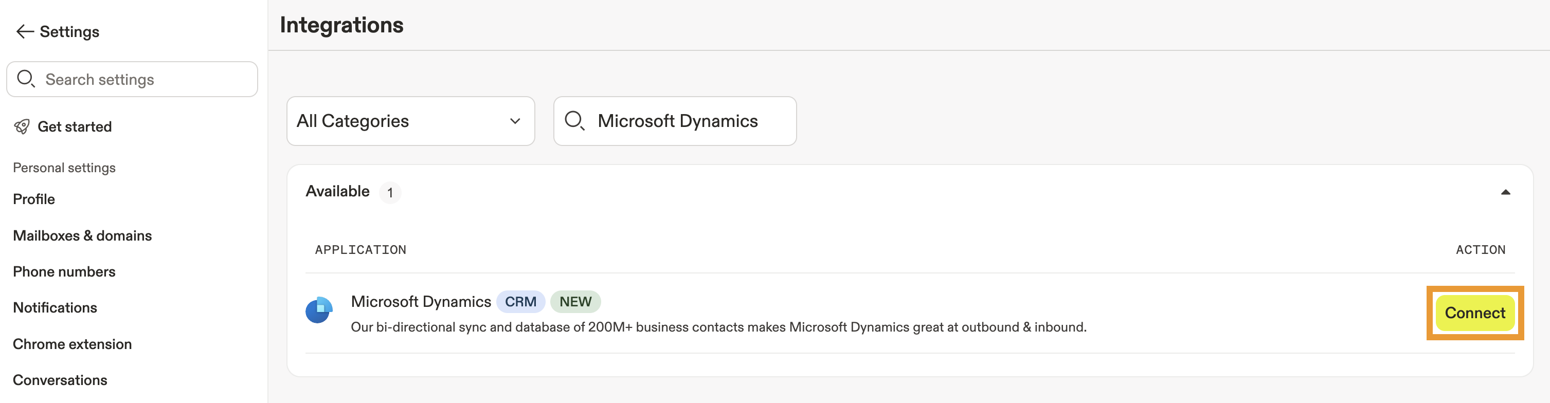 The Connect button is highlighted beside Microsoft Dynamics CRM
