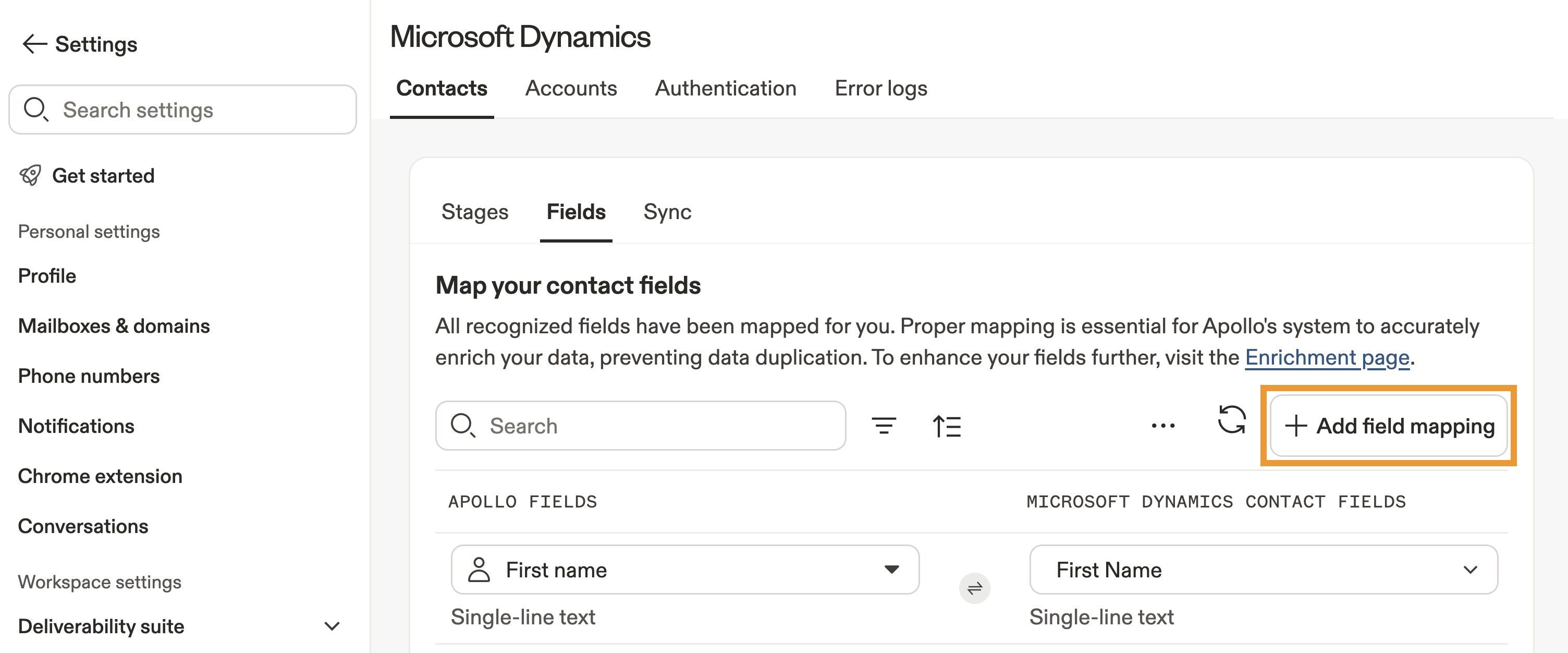 An example field is selected from the dropdown