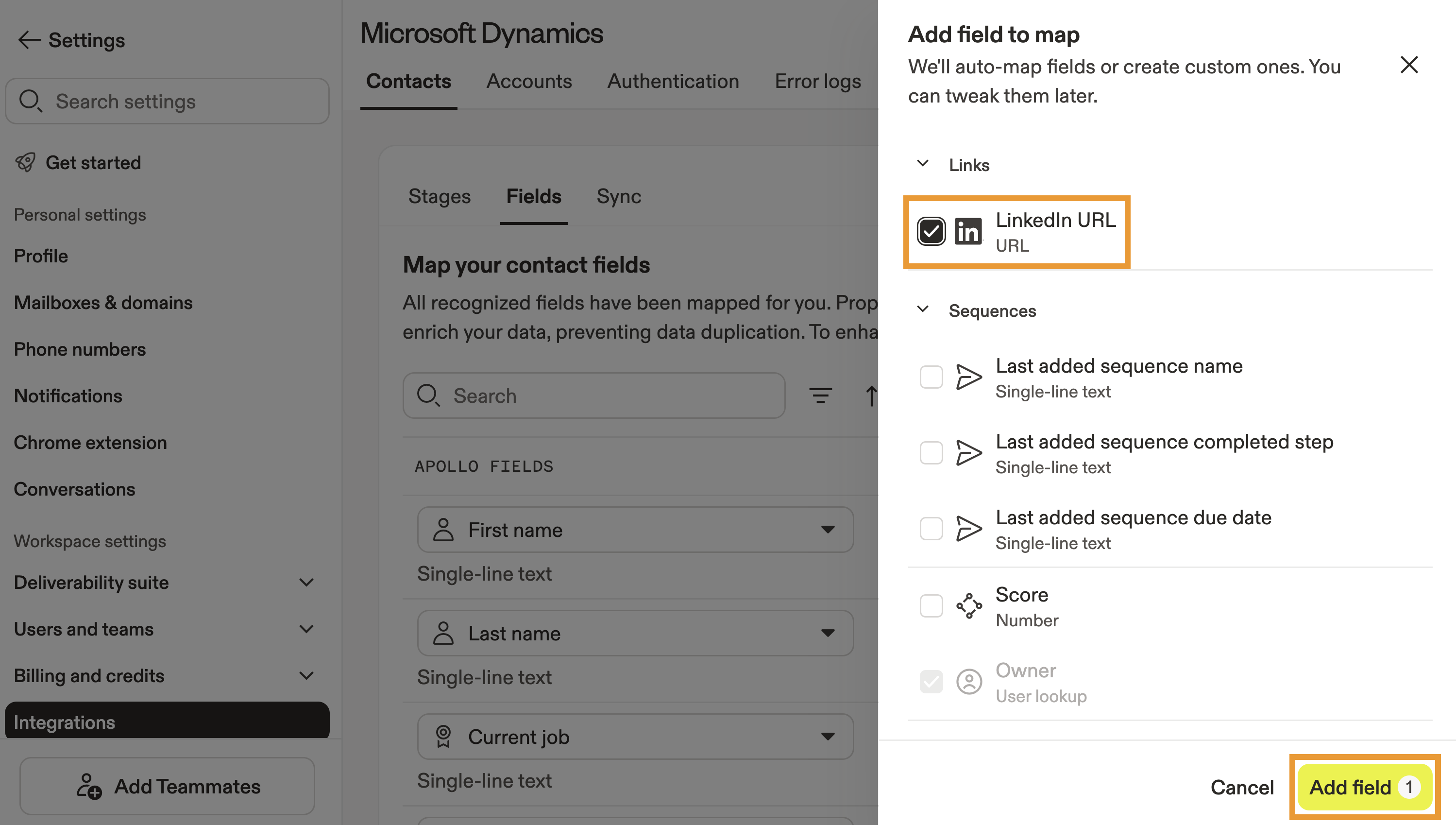 An example field is selected
